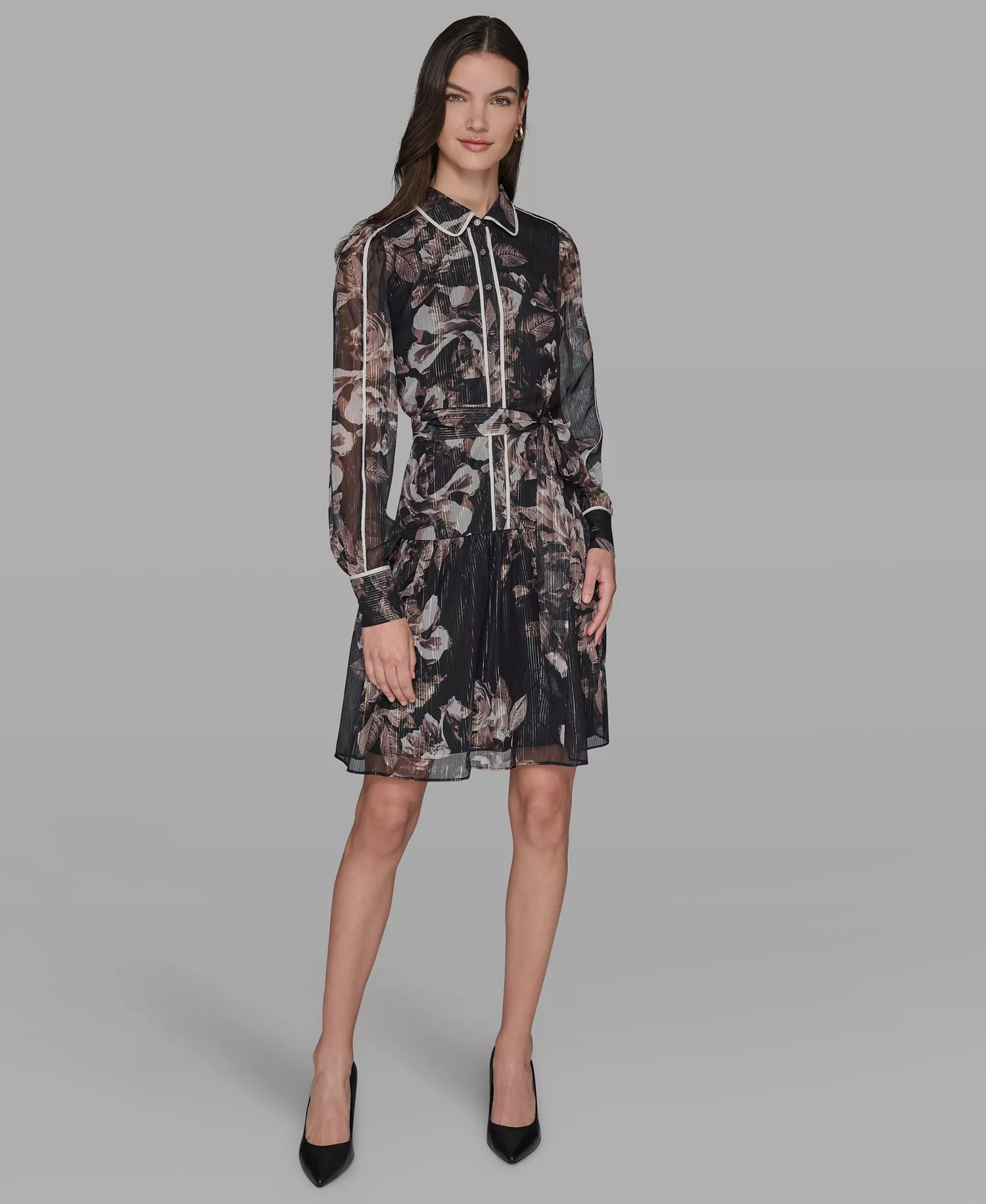 Women's Printed Crinkle Chiffon Collared Shirt Dress - Black/ Vicuna Multi/ Birch - 2