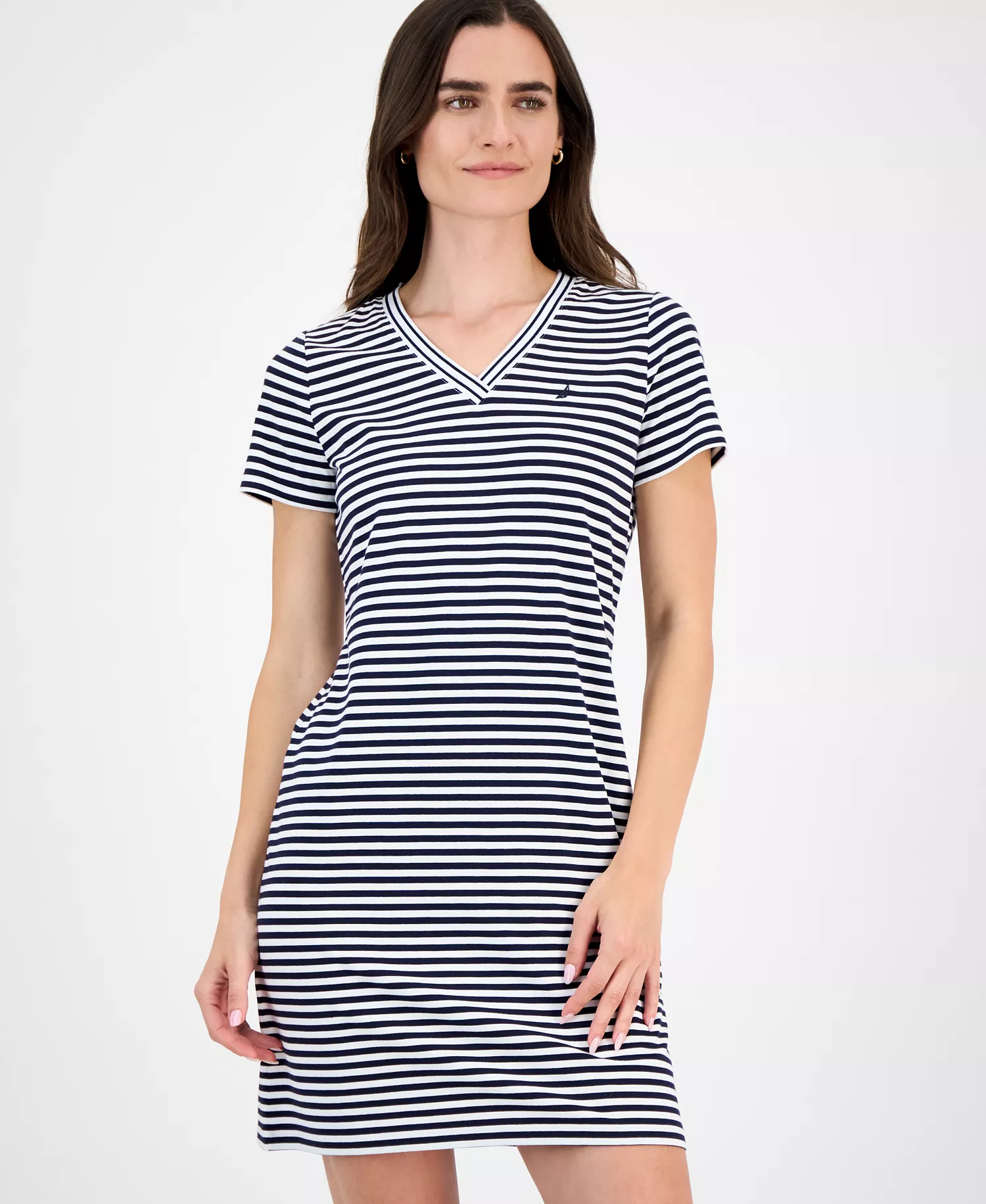 Nautica Women's Striped V-Neck T-Shirt Dress - Night Sky/ Bright White - L