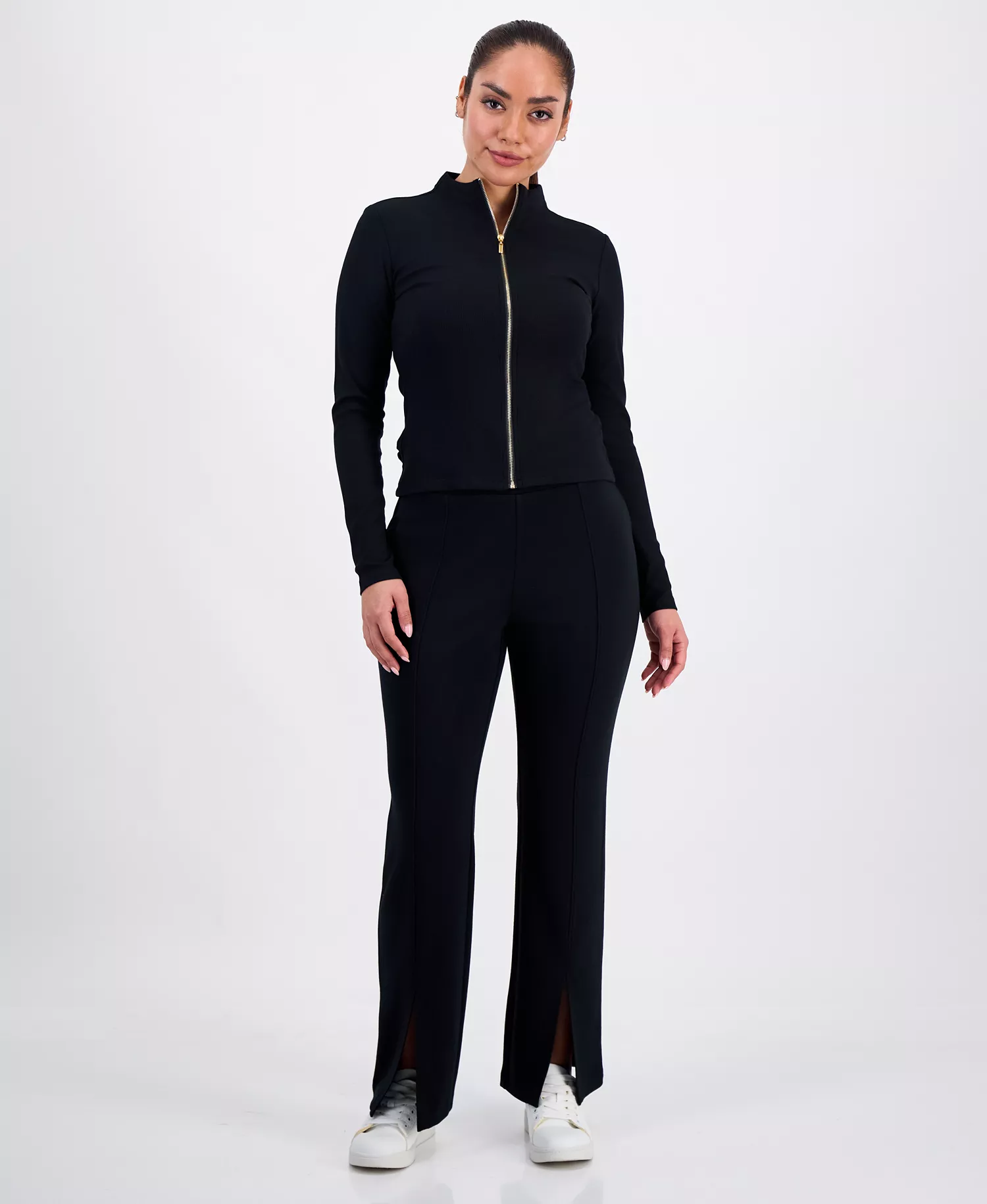 Petite Mock-Neck Zip-Front Top, Macy's Exclusive  - Deep Black - P/L