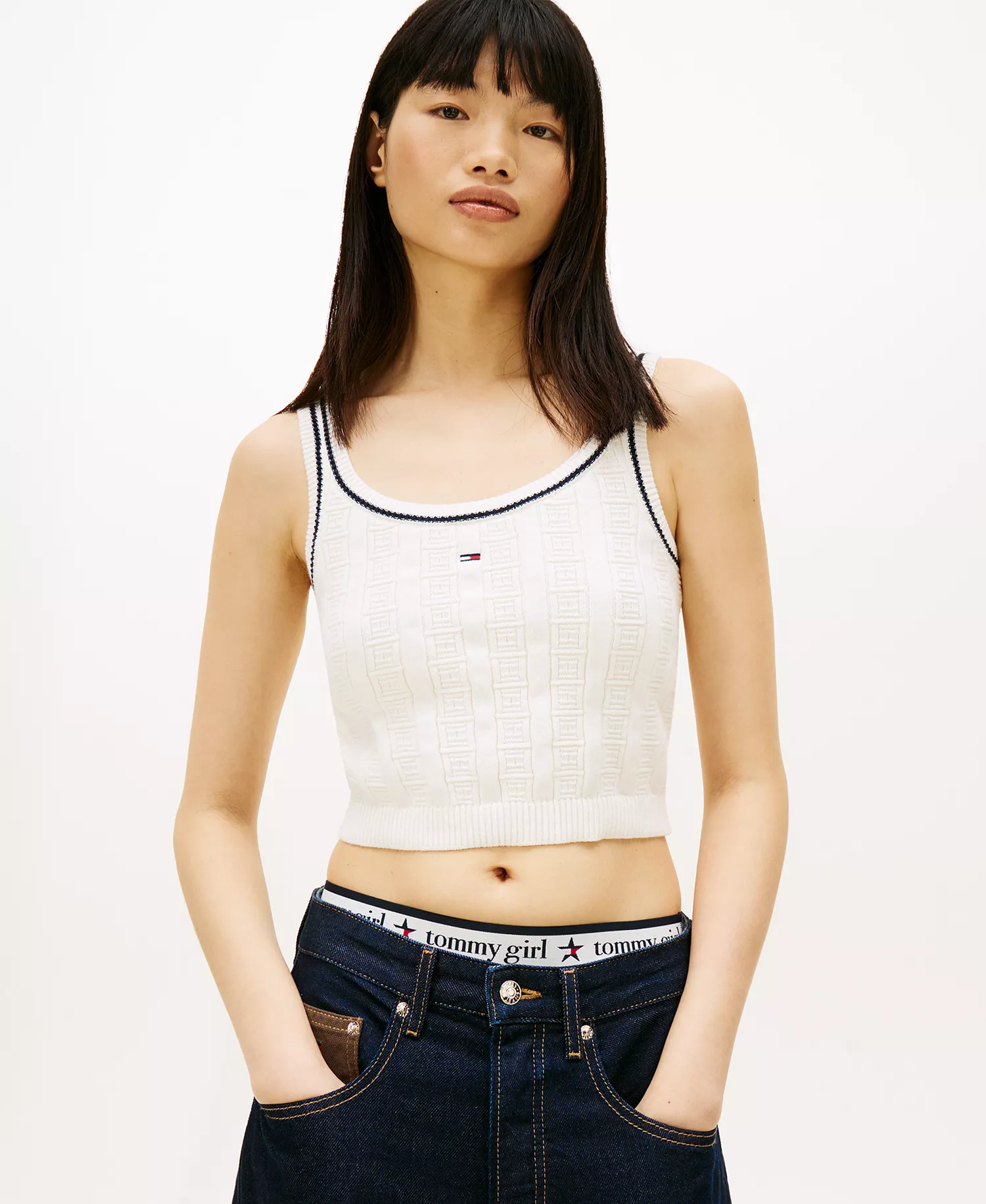 Women's Flag Cable Cropped Tank Top - Ancient White - L