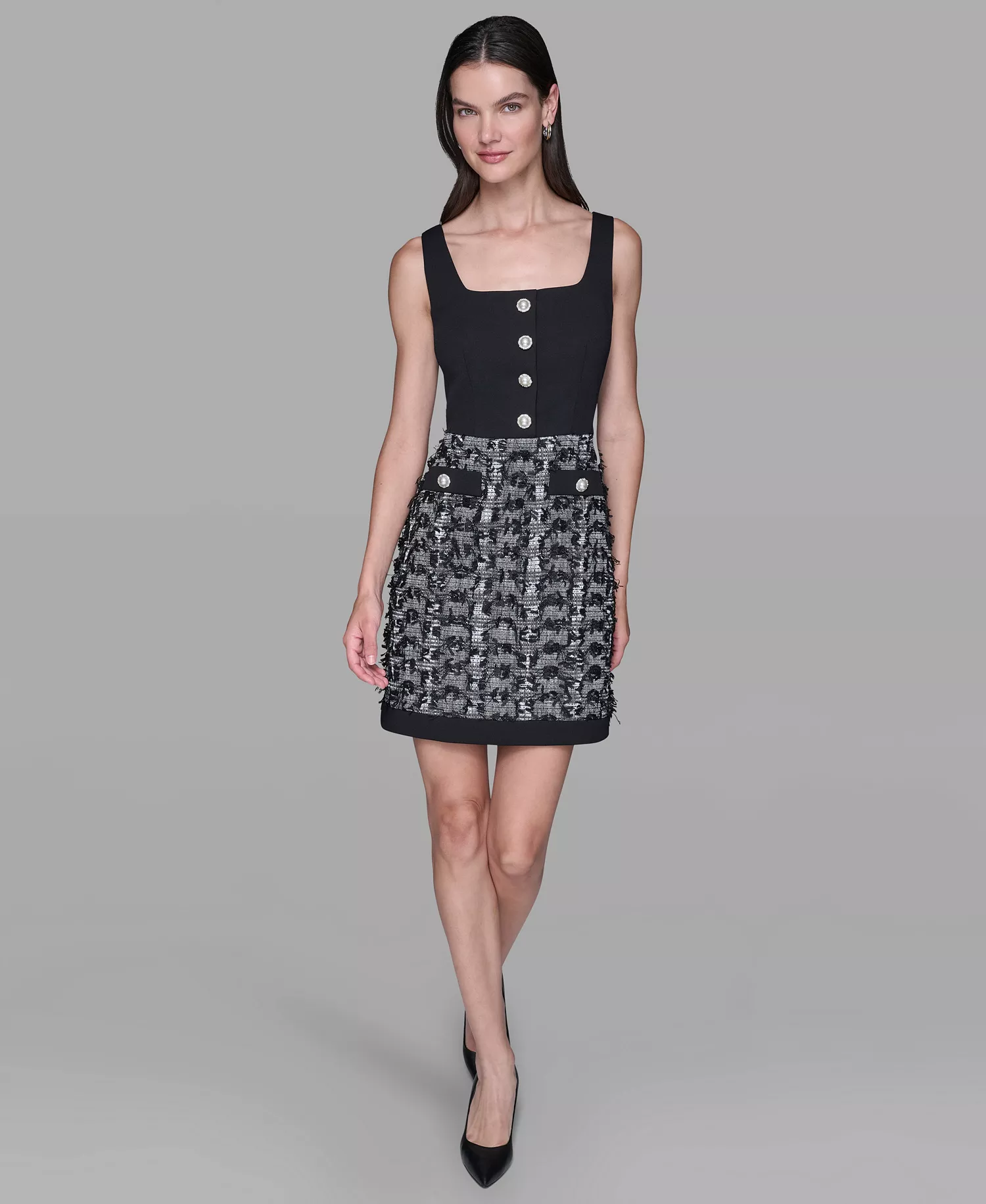 Women's Contrast Tweed and Knit Button Front A Line Dress - Black/ Soft White/ Black - 10