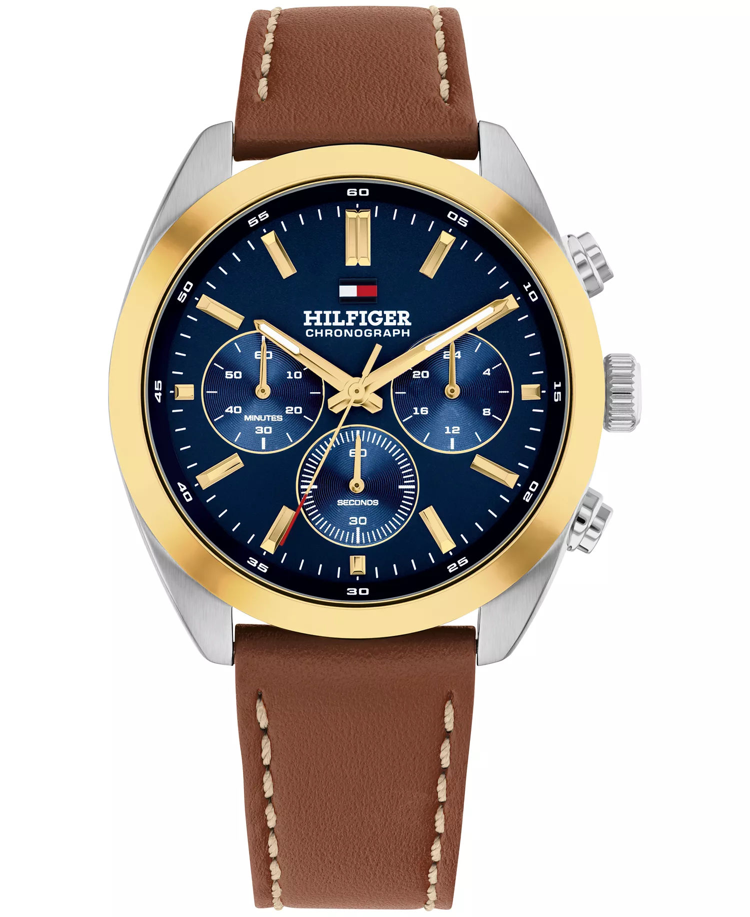 Men's Chronograph Brown Leather Strap Watch, 40mm - Navy - 40
