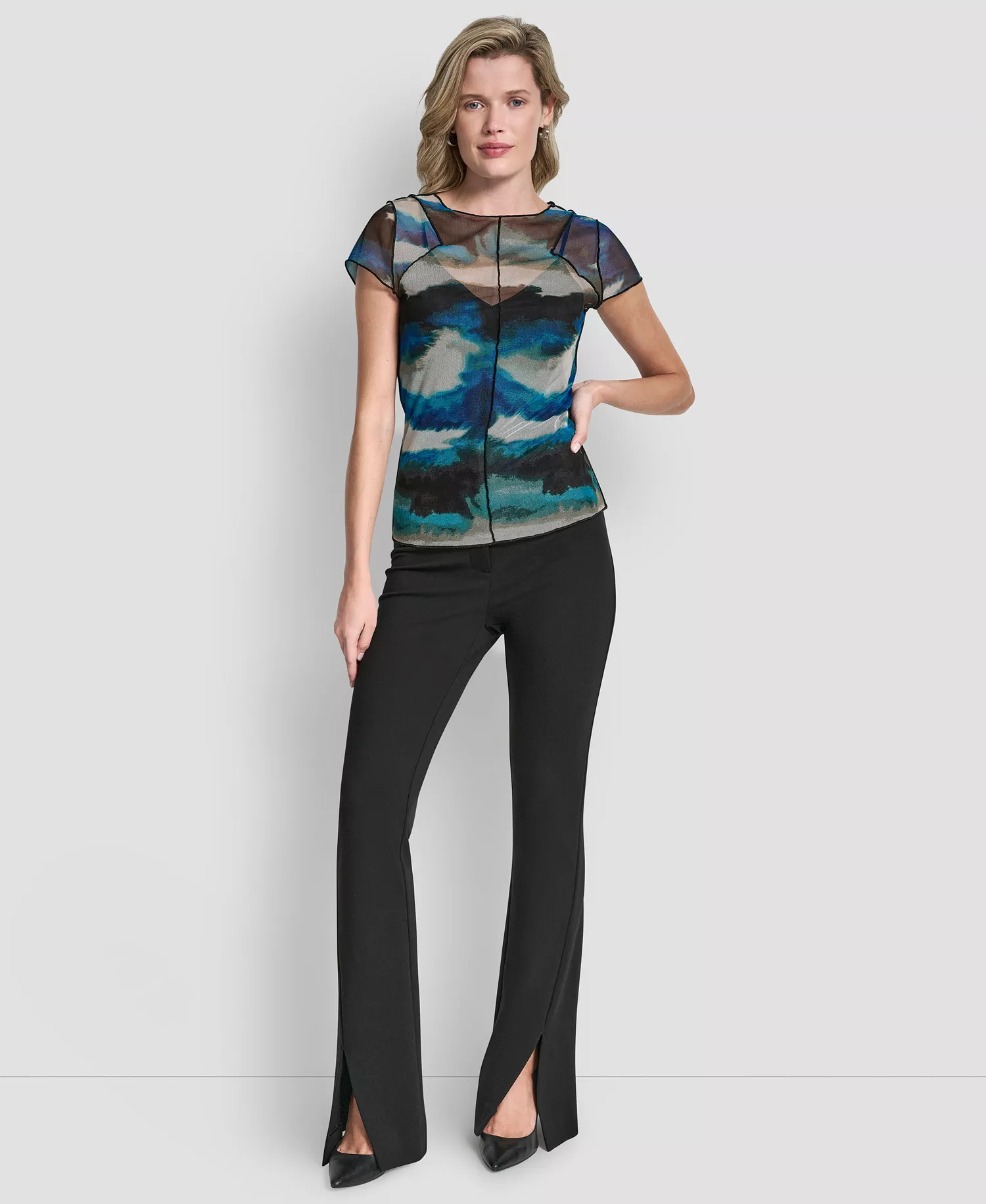 Women's Printed Mesh Xposd Seam Short Sleeve Top - Marbled Ocean - L