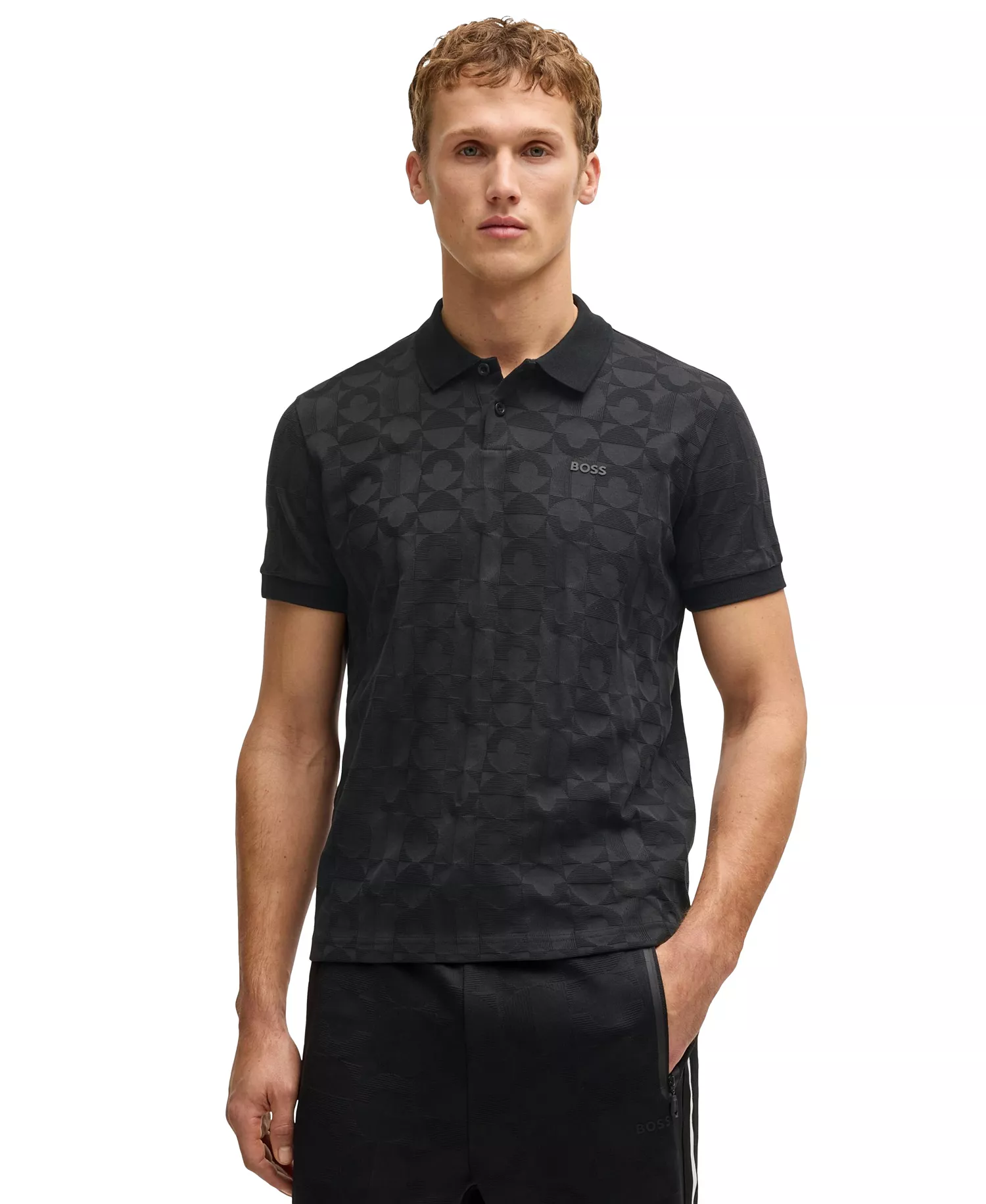 Men's Jacquard Circle Polo Shirt - Black - M