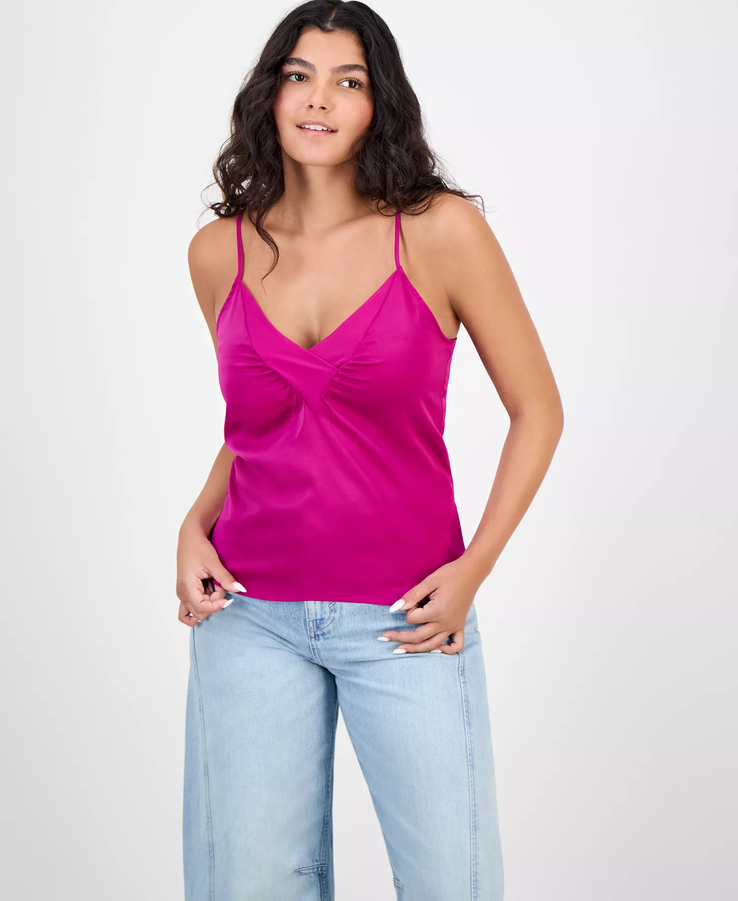 Women's Mesh-Trim V-Neck Satin Camisole - Dark Pink - 0