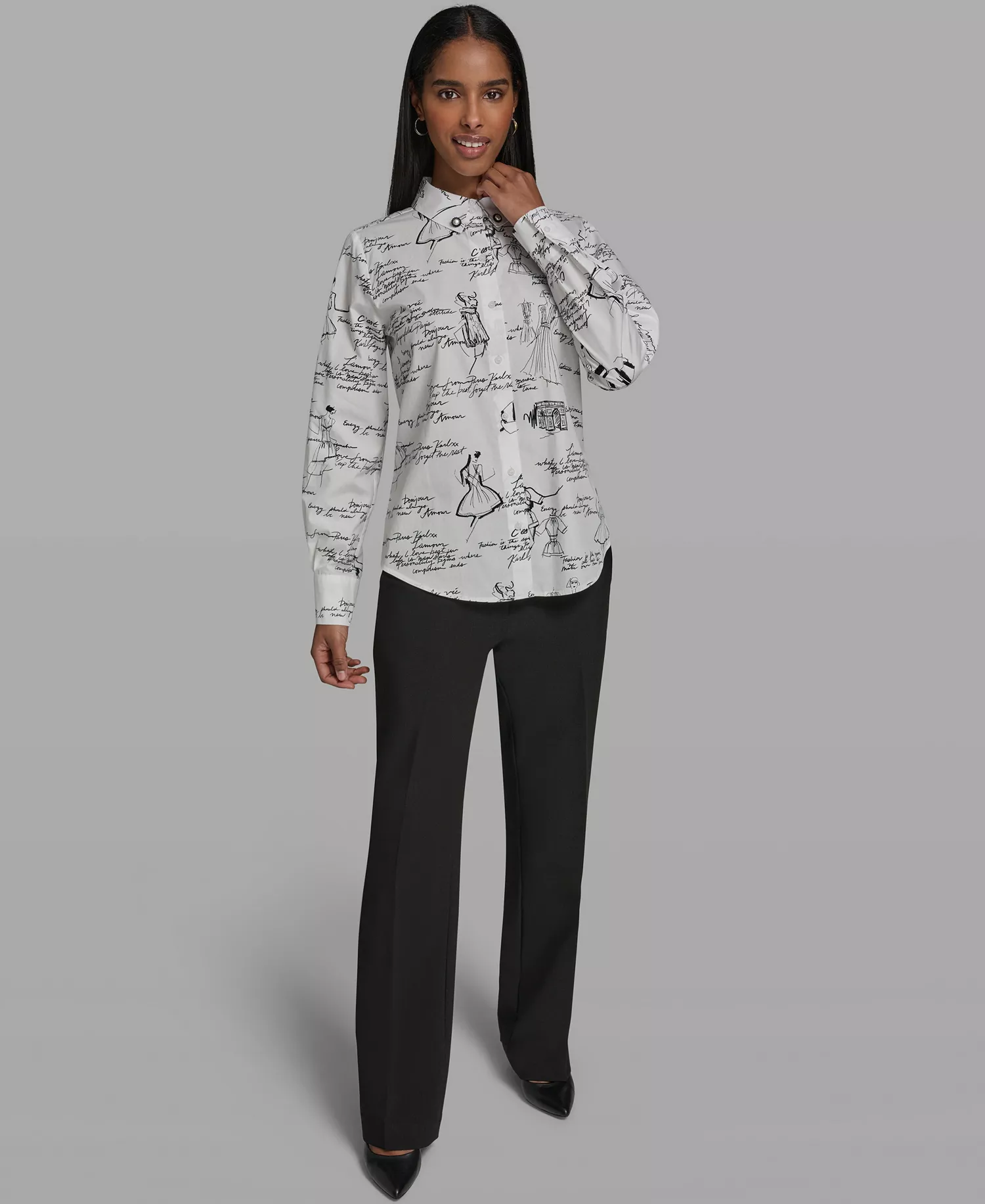 Women's Collared Woven Blouse - Soft White/black - L