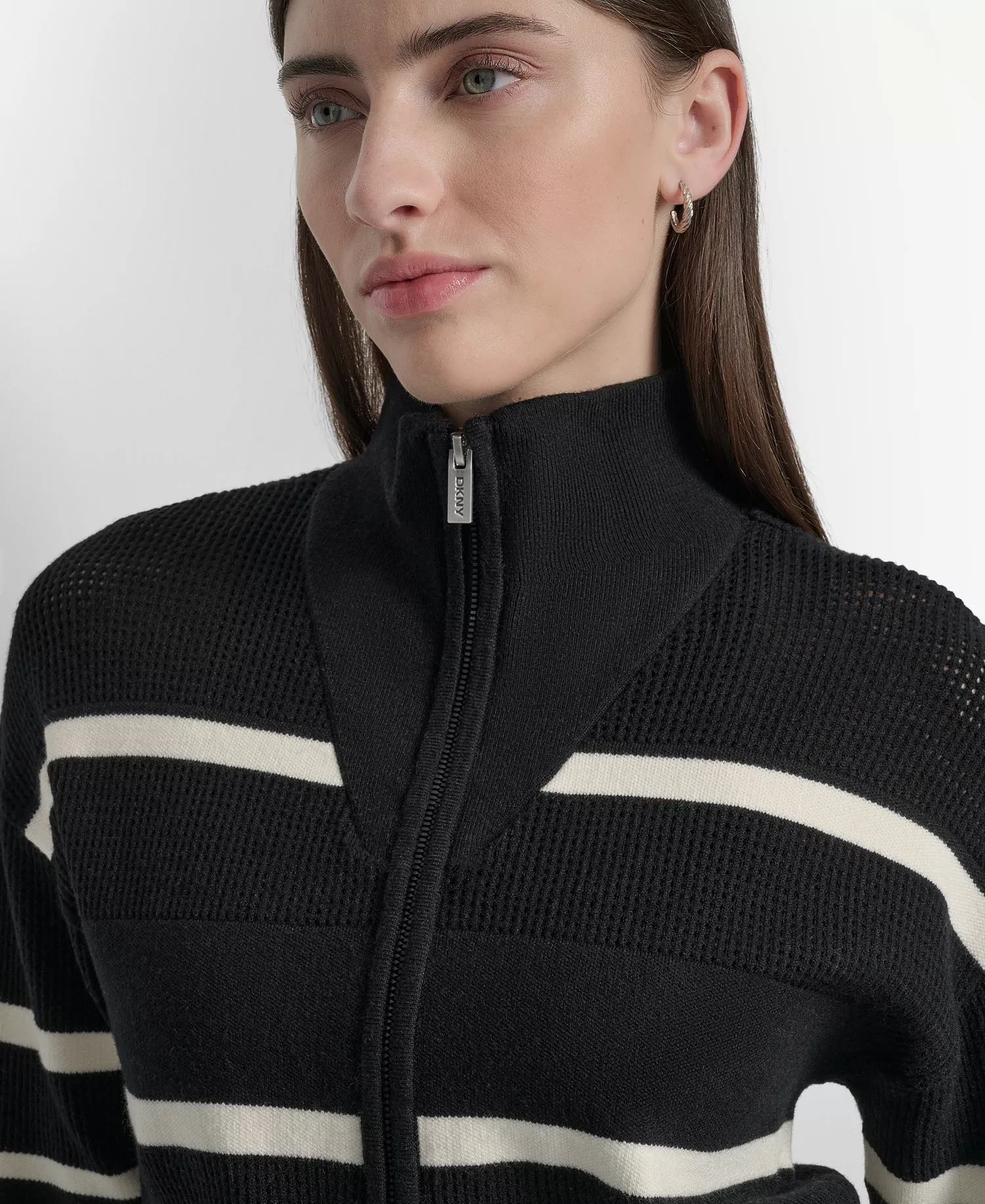 Women's Open Stitch Full Zip Stripe Jacket - Black/ Eggnog - L