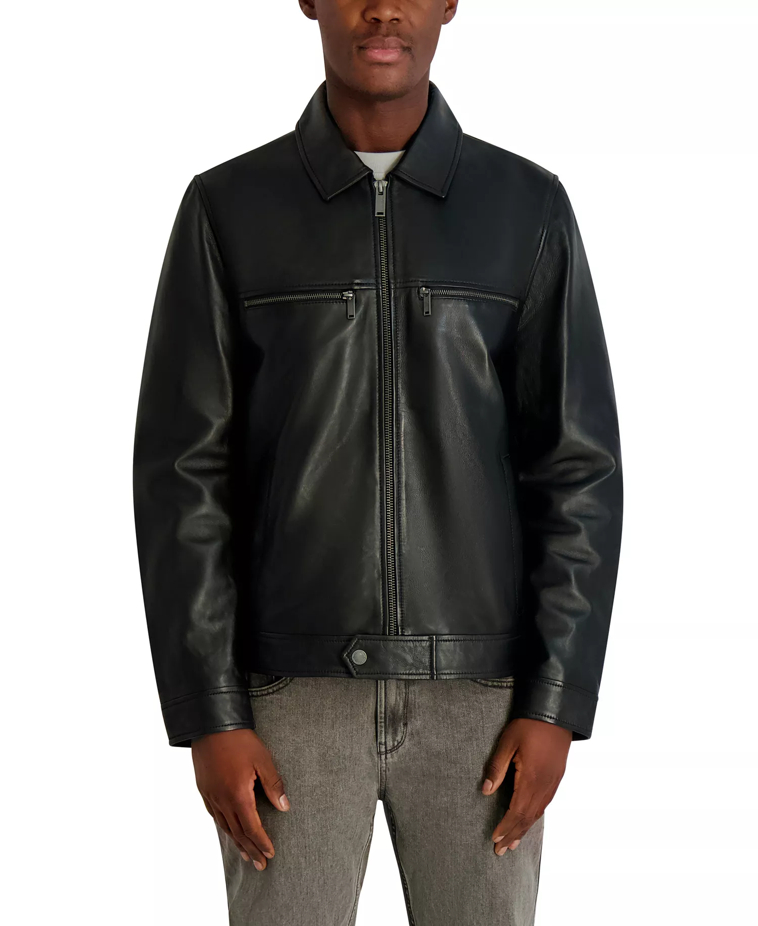 Men's Collared Leather Jacket - Black - 2XL