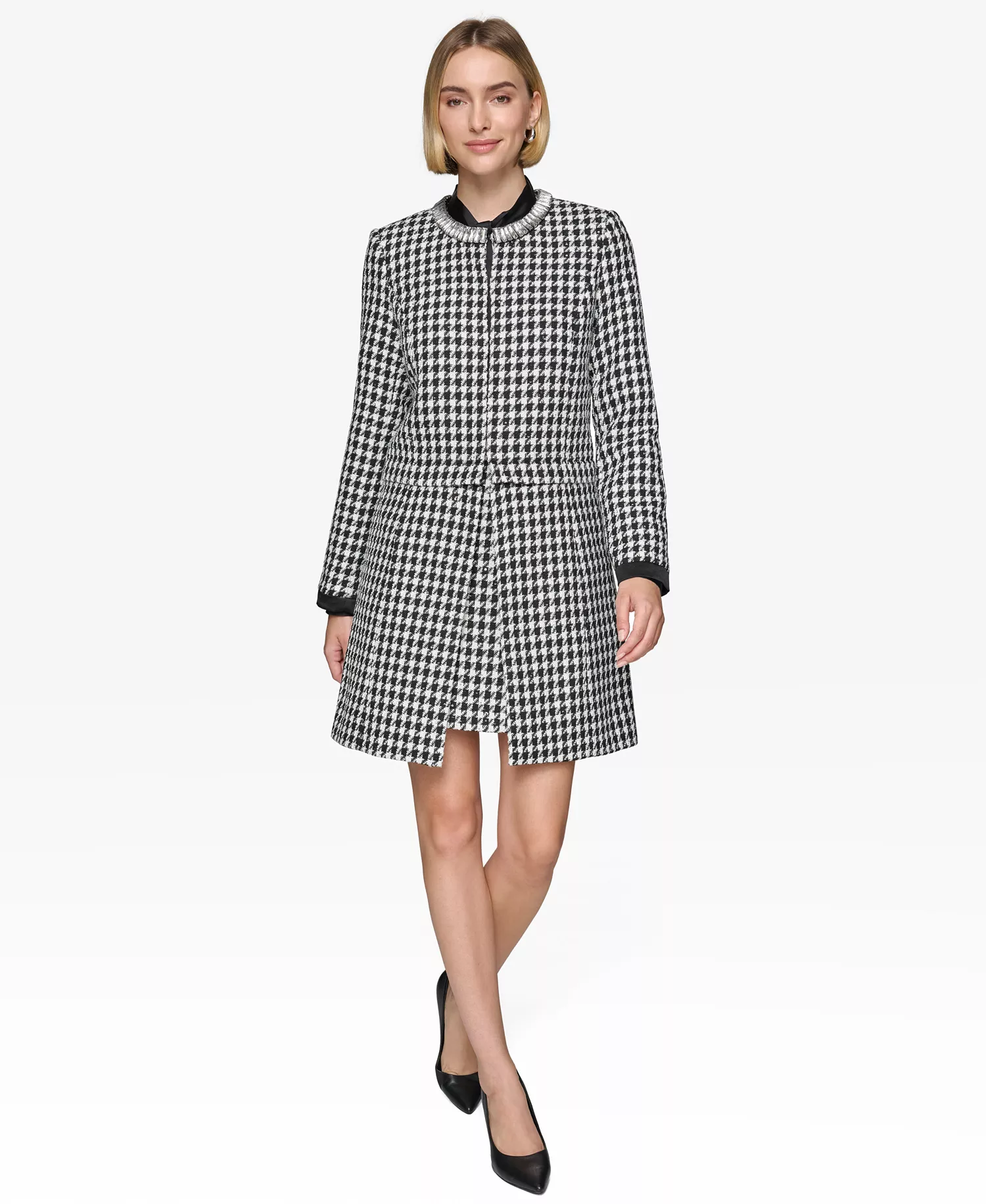 Women's Convertible Rhinestone-Collar Houndstooth Jacket - Black/Soft White - 10