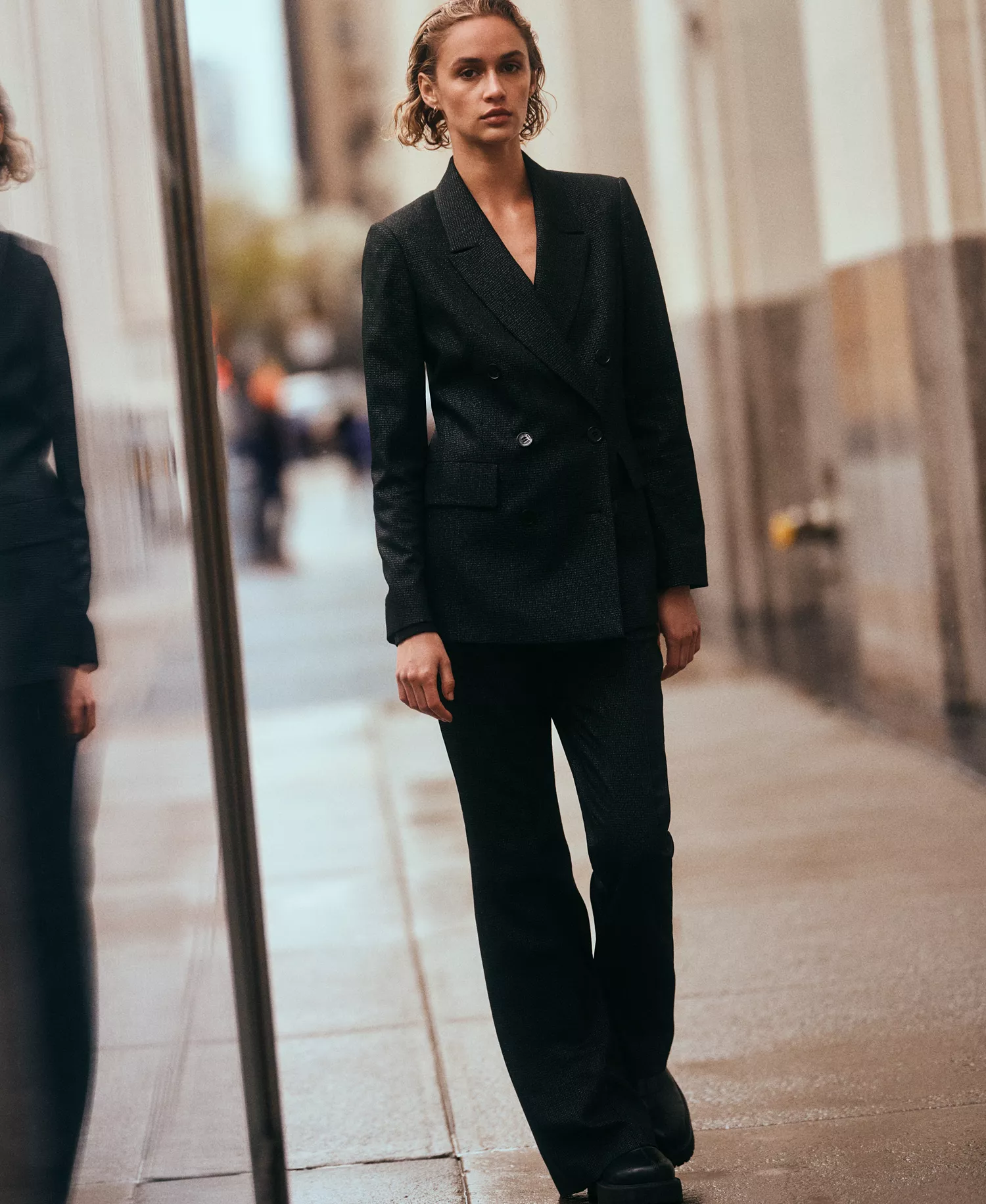 Women's Button-Front Double Breasted Blazer - Black/silver - 10