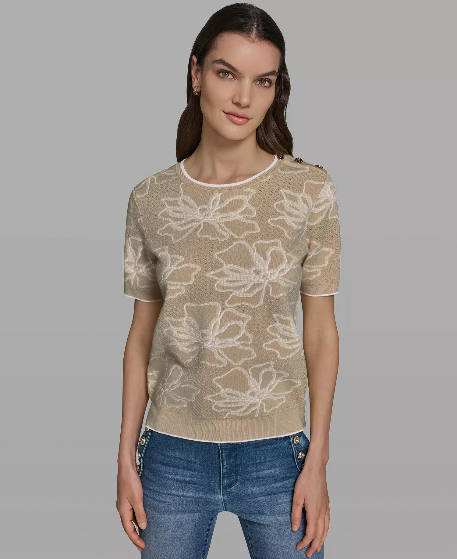 Women's Flower Print Short-Sleeve Sweater - French Beige/soft White - L