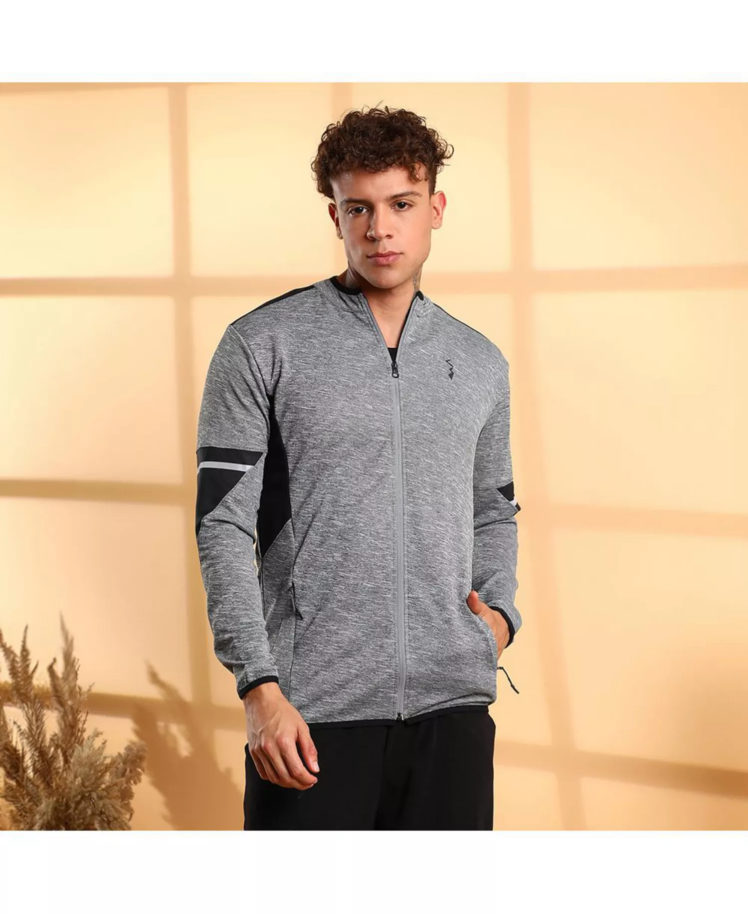 Men's Grey Heathered Activewear Jacket With Contrast Detail - Grey - L