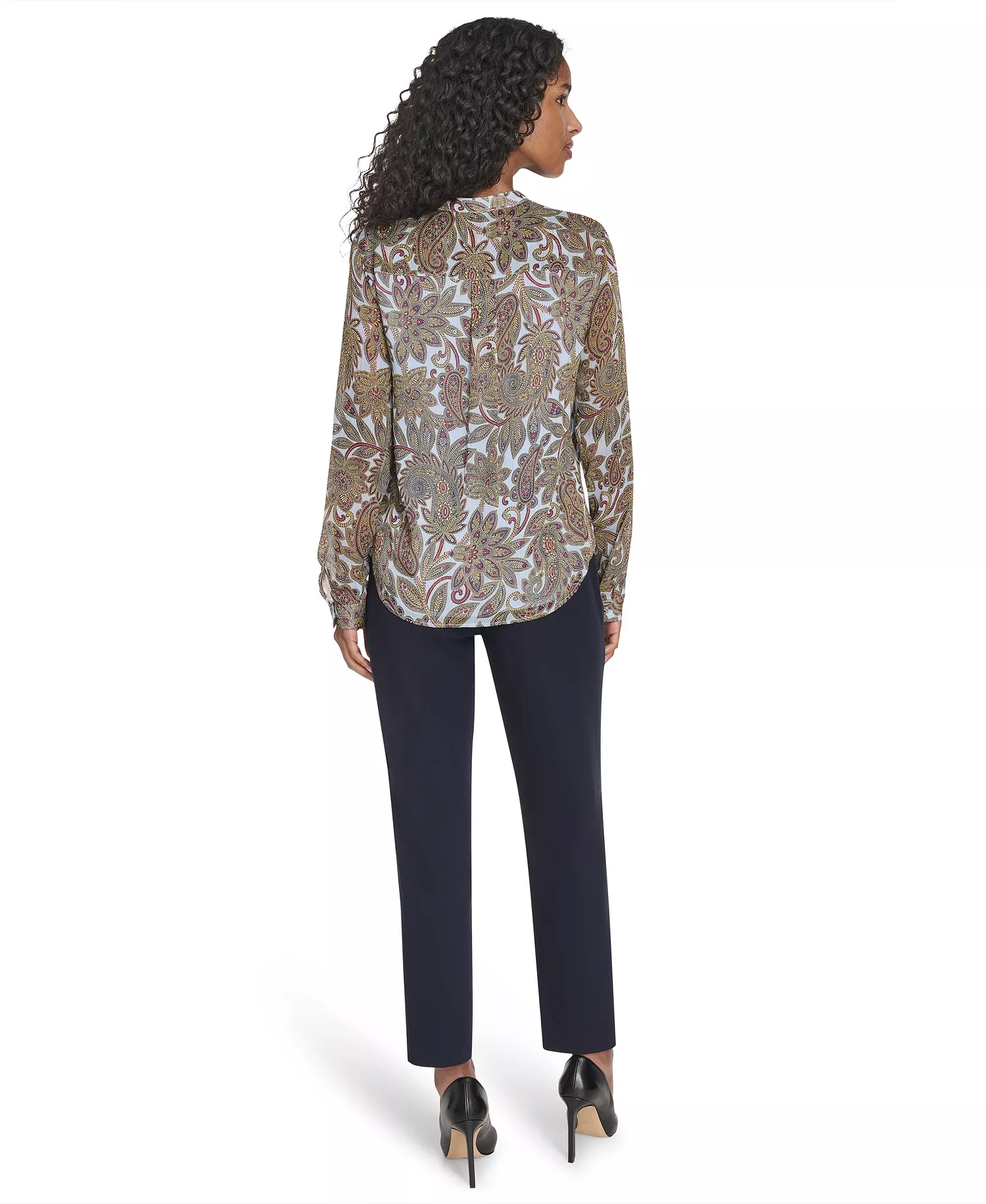 Women's Paisley Ruffle Long Sleeve Blouse - Sky Multi - S