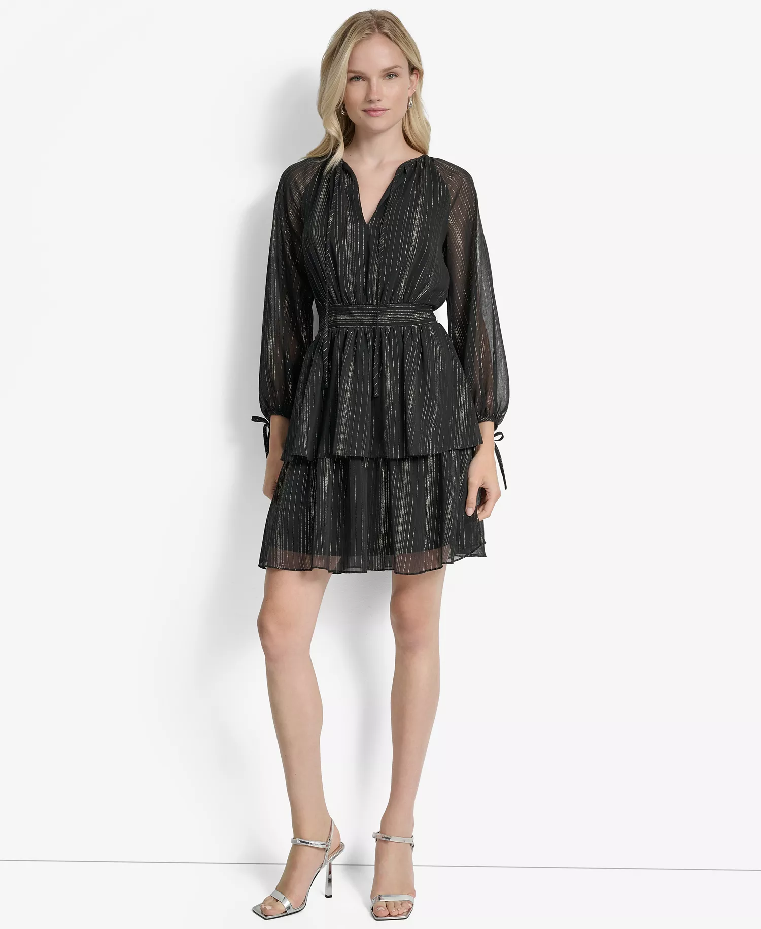 Women's Long Sleeve Metallic Dress - Black/Silver - 10