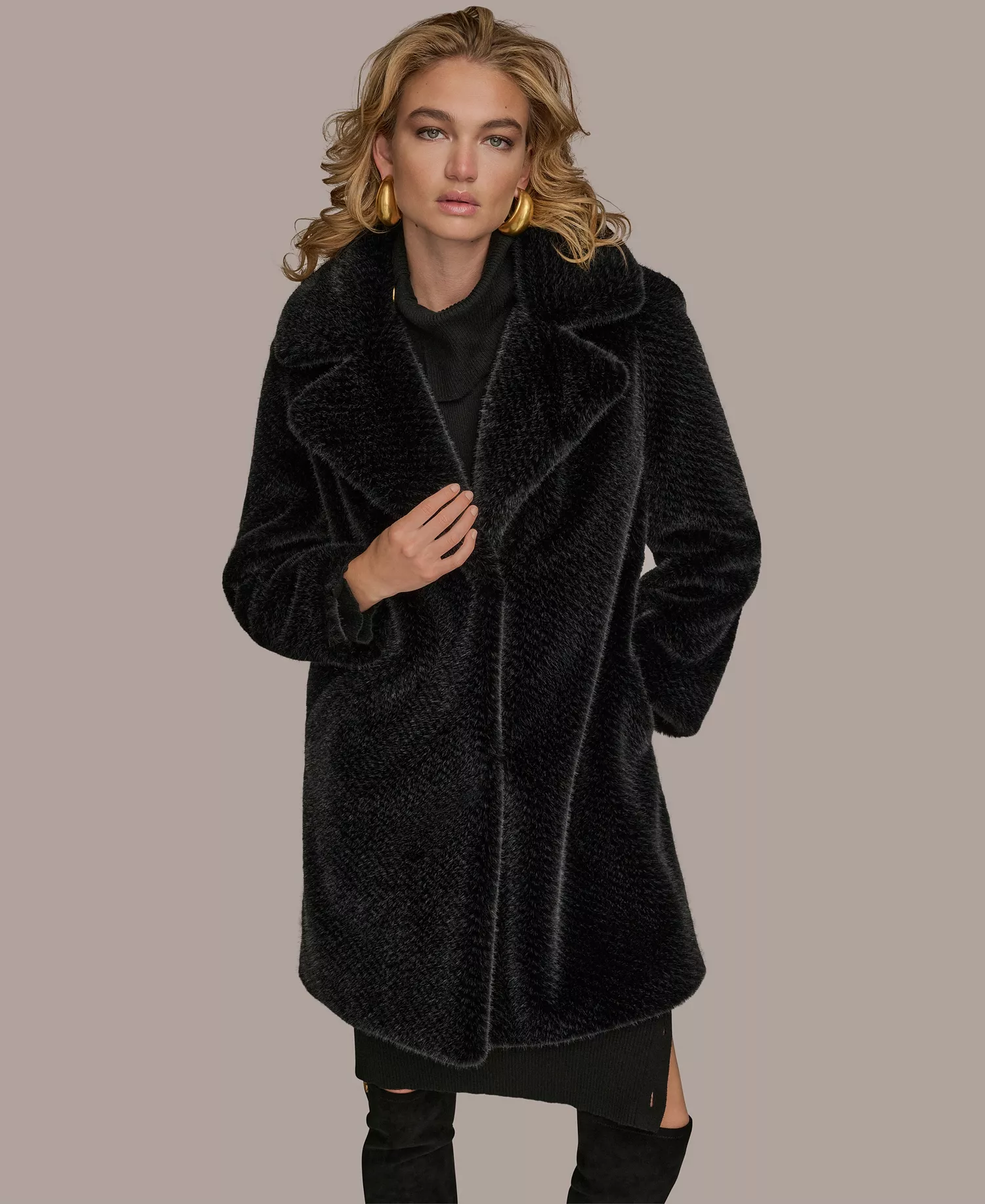 Women's Notched-Collar Faux-Fur Coat - Black - M