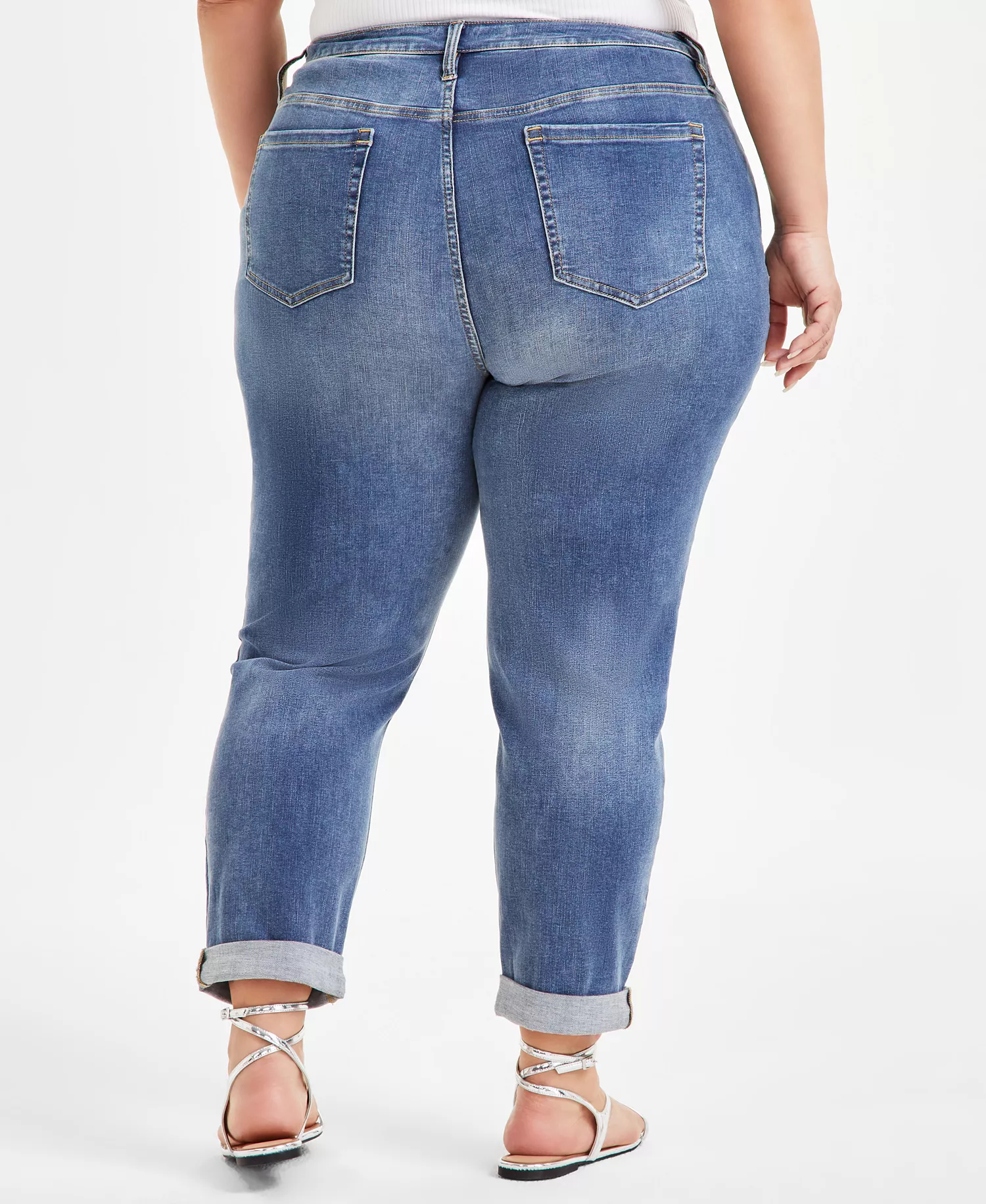 Plus Size Slim Tech Rolled-Cuff Boyfriend Jeans, Created for Macy's - Medium Indigo - 14W