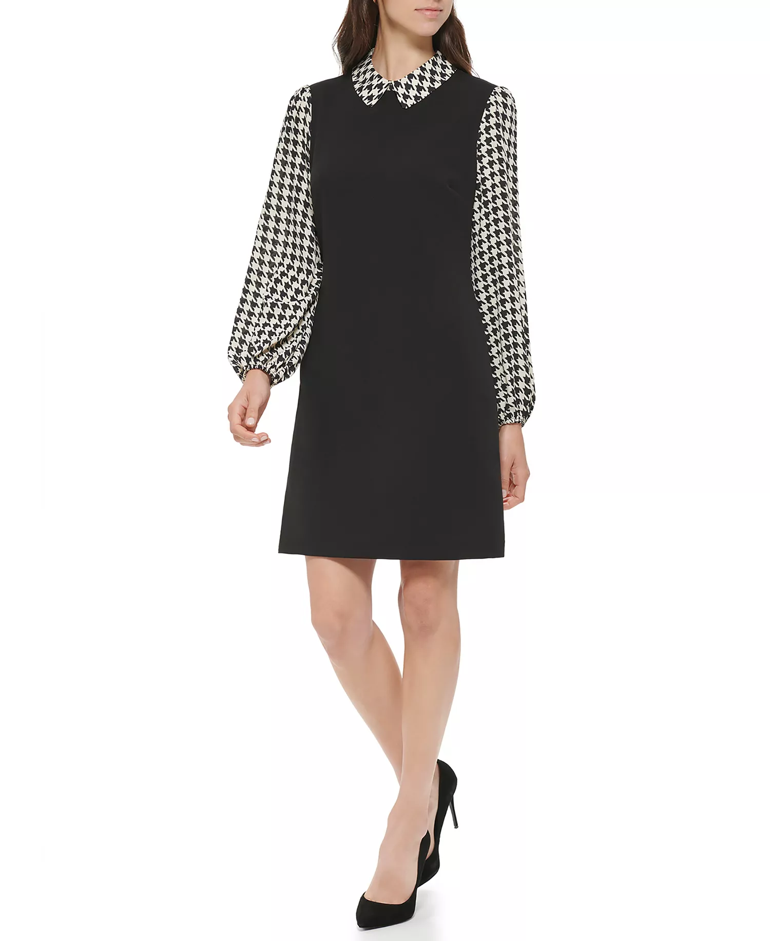 Women's Collared Long-Sleeve Shift Dress - Black, White - 6