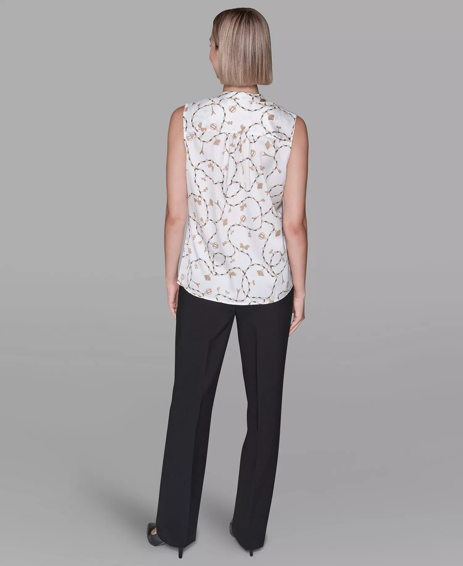 Women's V-Neck Button Down Front Printed Top - Soft White Multi - L