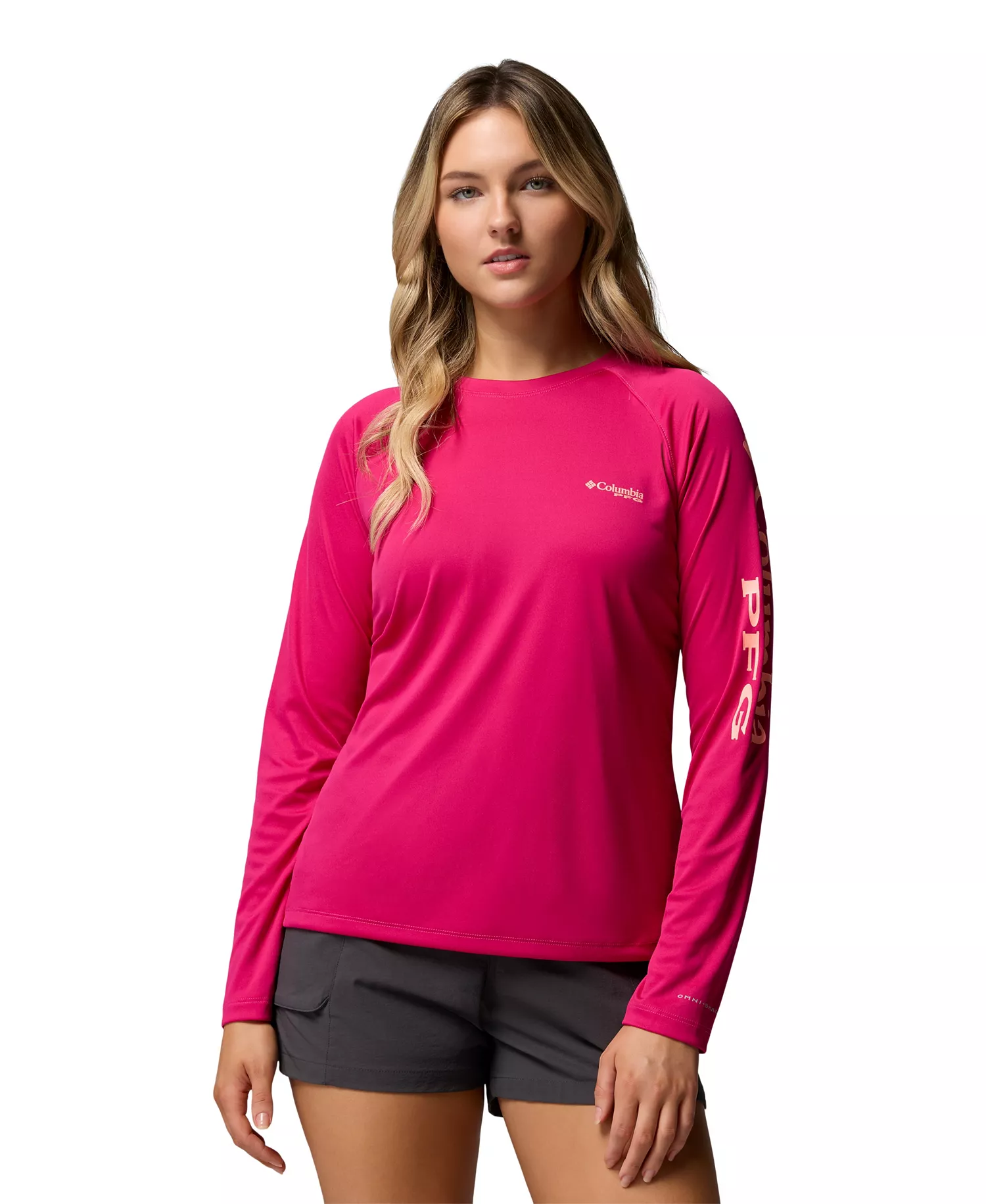 Women's PFG Tidal Tee II - Guava Pink, Tiki Pink Logo - L