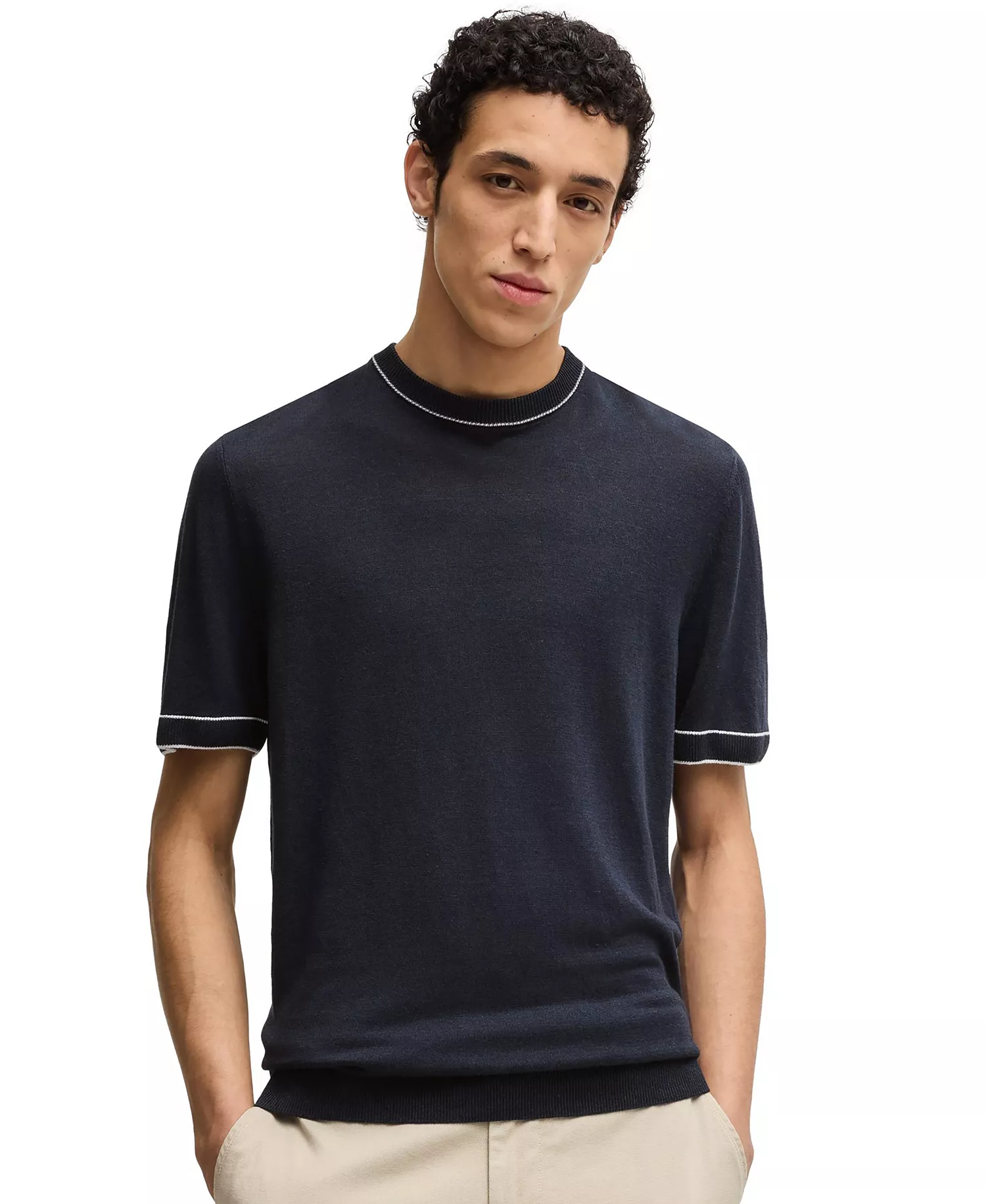 Men's Linen-Blend Knit Sweater - Dark Blue - 2XL