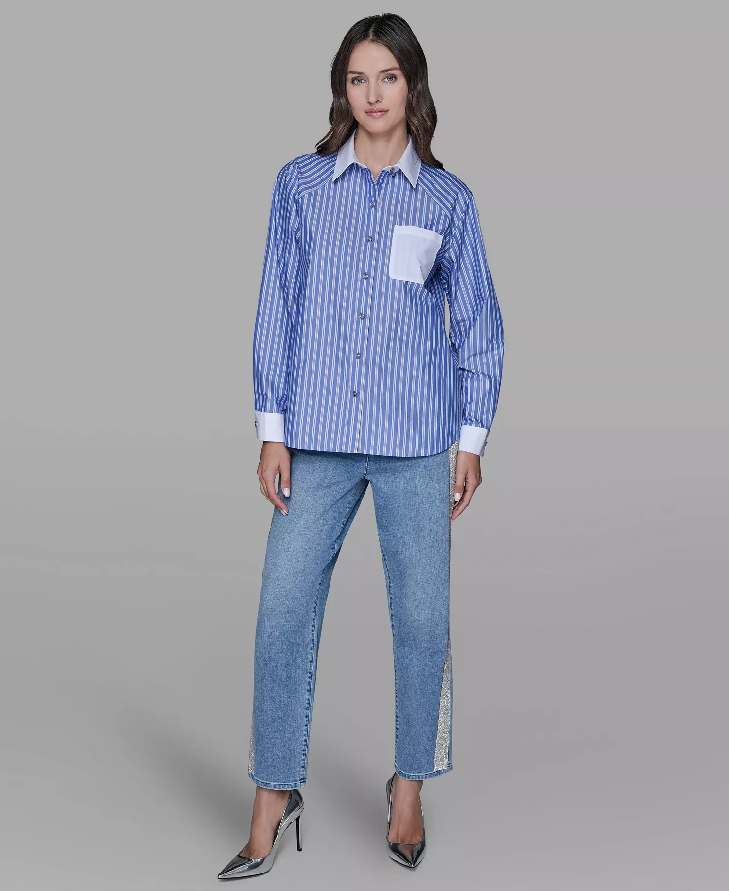 Women's Stripe Contrast Front Button Collar Blouse - French Blue Combo - L