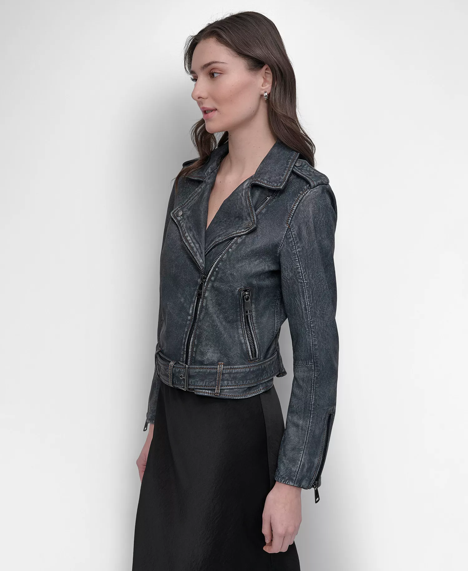 Women's Leather Asymmetrical Zip-closure Moto Jacket - Denim - L
