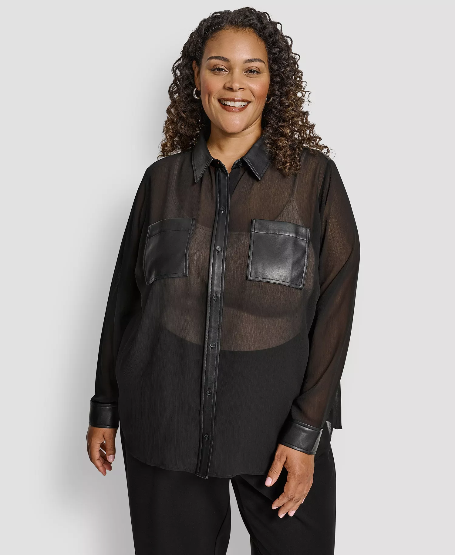 Plus Size Collared Neck Long Sleeve Top - Black - 1X