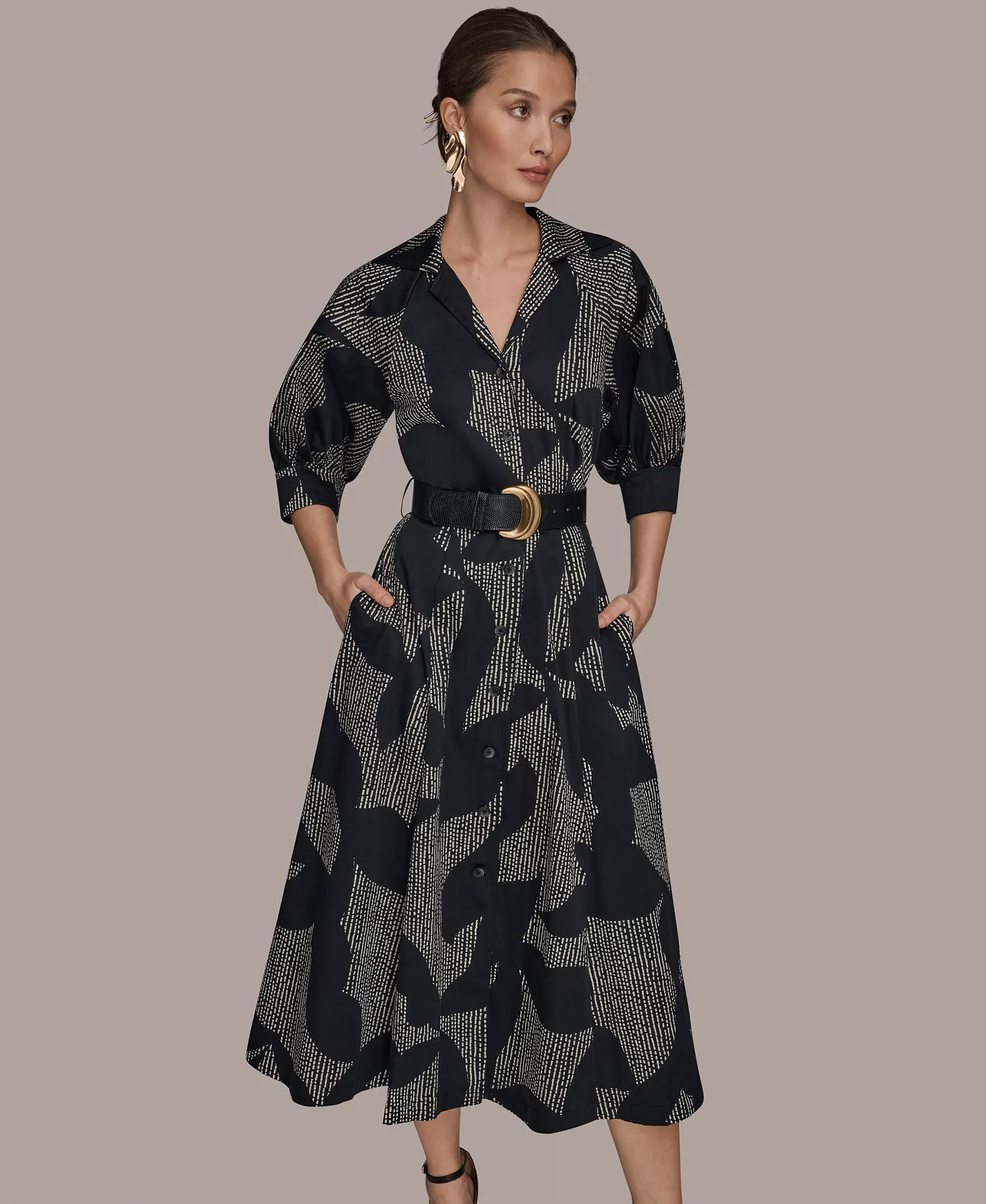 Women's Spread Collar Midi Shirt Dress - Black/Sand - 10