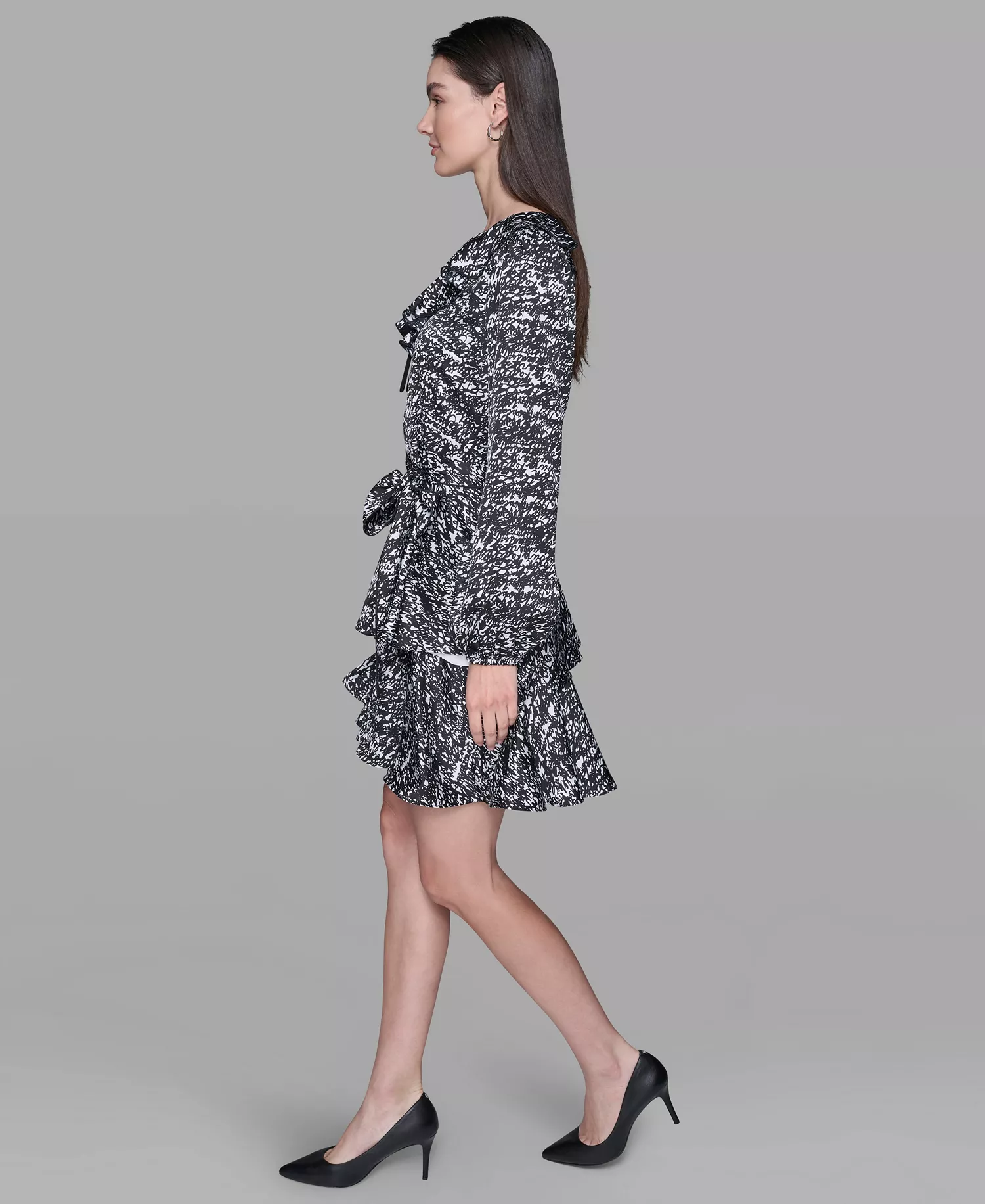 Women's Printed Satin Ruffle V-Neck Dress - Soft White/ Black - 0