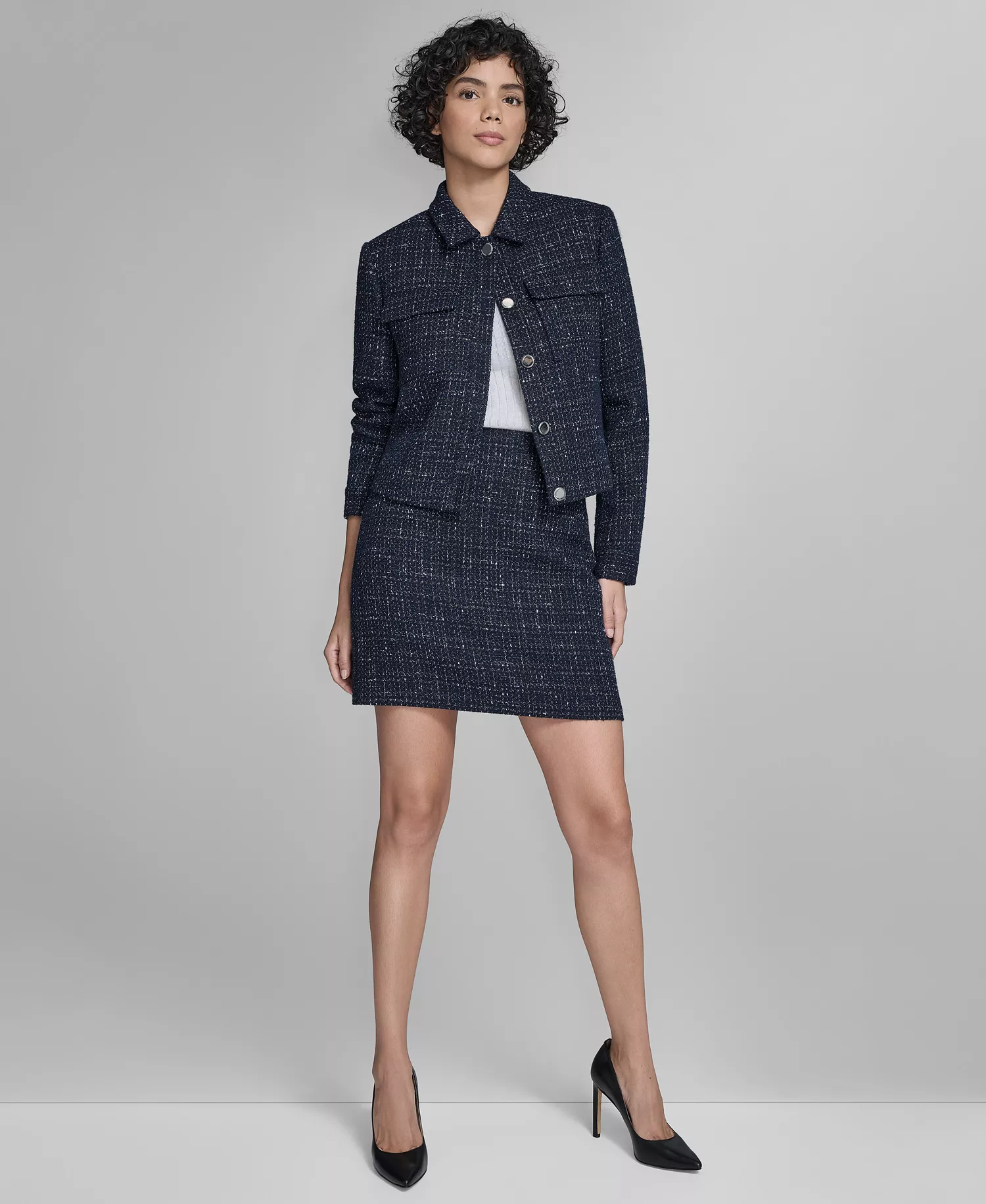 Women's Boucle Cropped Long-Sleeve Jacket - Navy Multi - 16