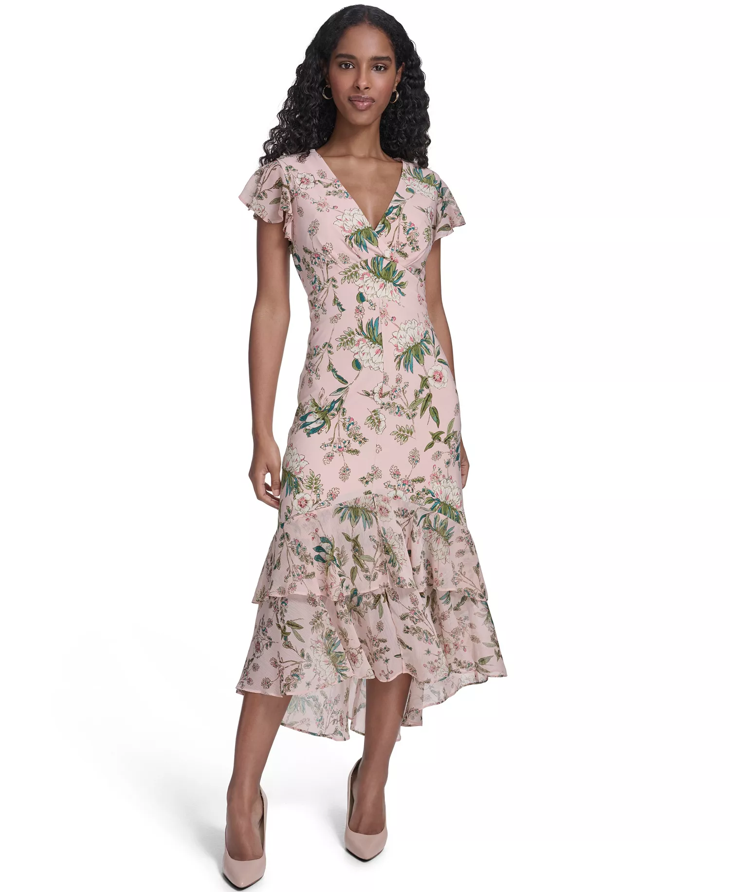 Women's Flutter Sleeve V-Neck Midi Dress - Powder Multi - 10