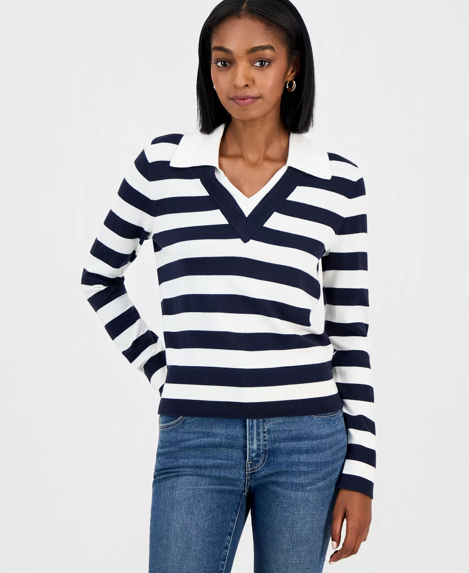 Nautica Women's Contrast-Collar Stripe Sweater  - Night Sky/ Ivory - L