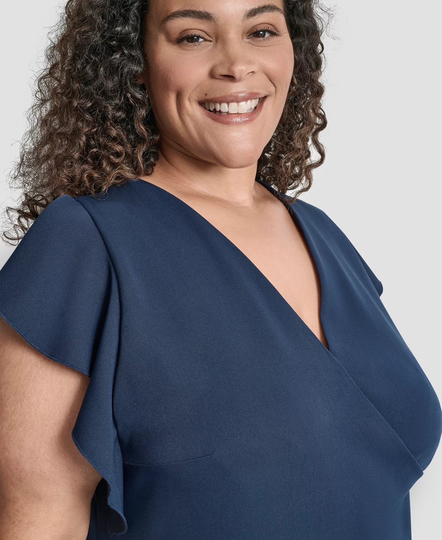 Plus Size V-Neck Ruffle Sleeve Midi Dress - Indigo - 14W