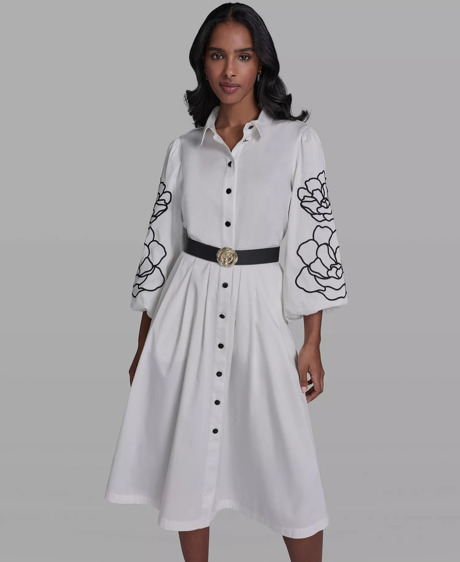 Women's Collared Button-Up Floral Embroidered-Sleeve Belted Dress - Soft White - 0