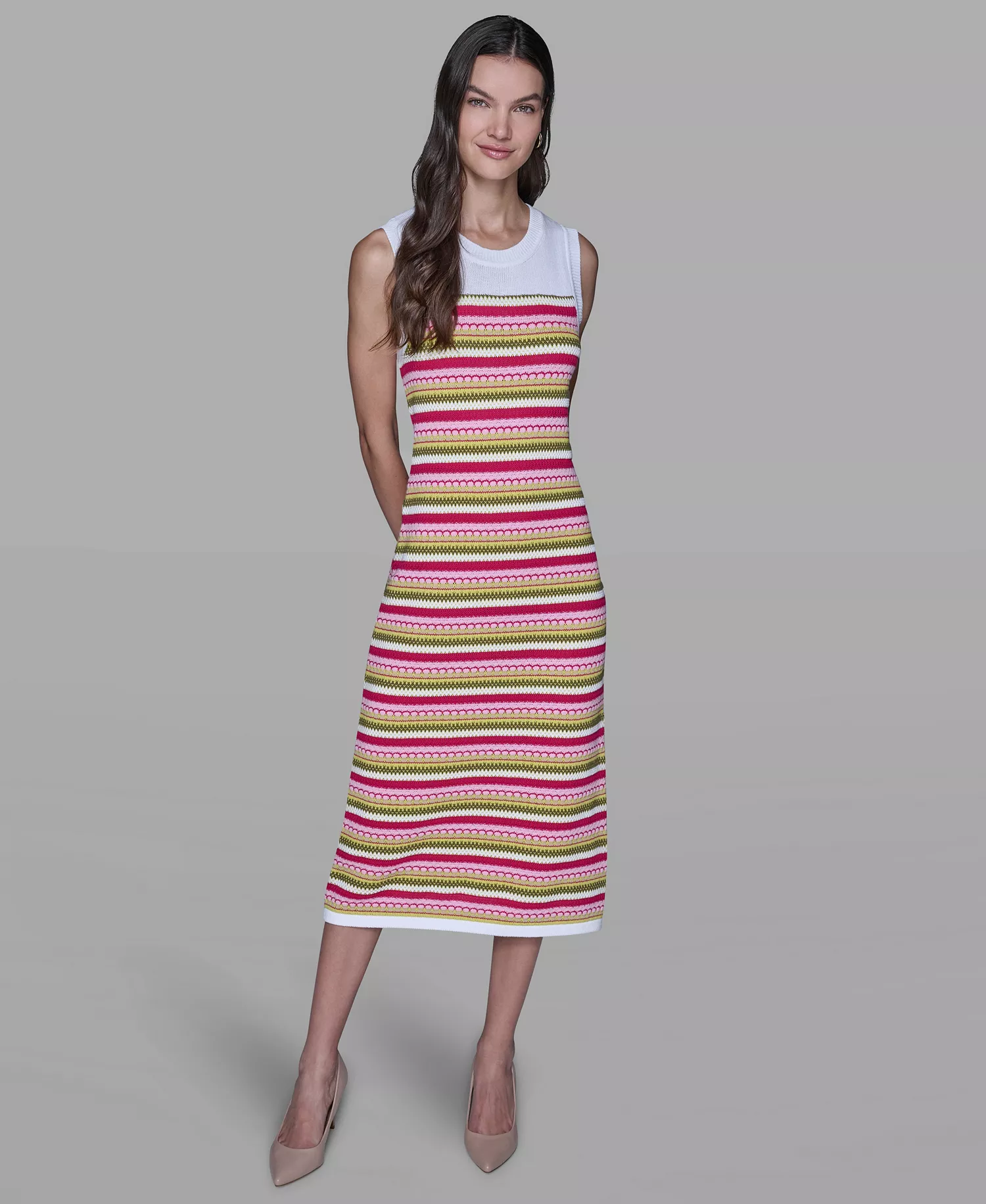 Women's Striped Sleeveless Sweater Dress - Lime - L
