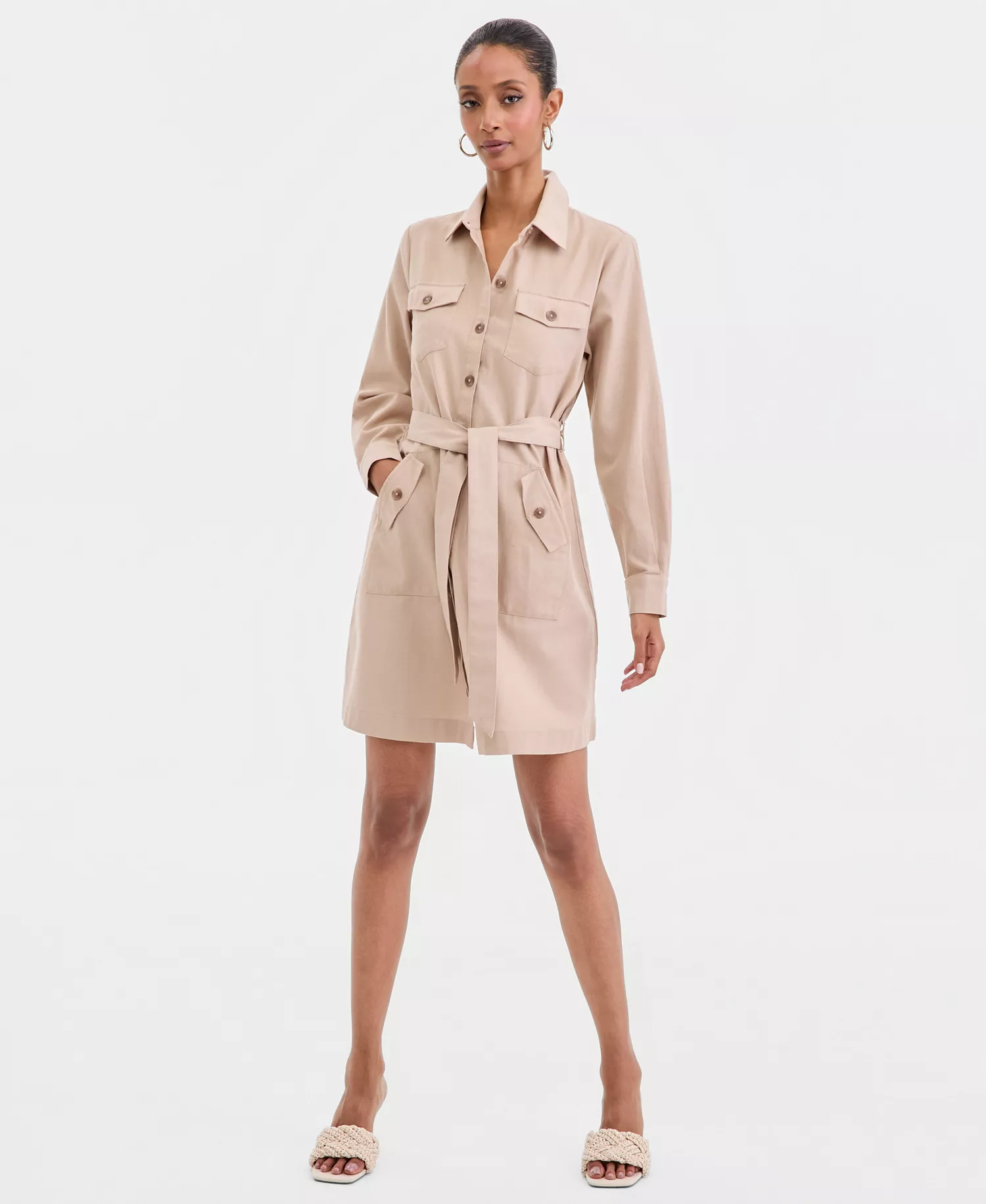Women's Long-Sleeve Belted Shirtdress, Macy's Exclusive - Neutral - L