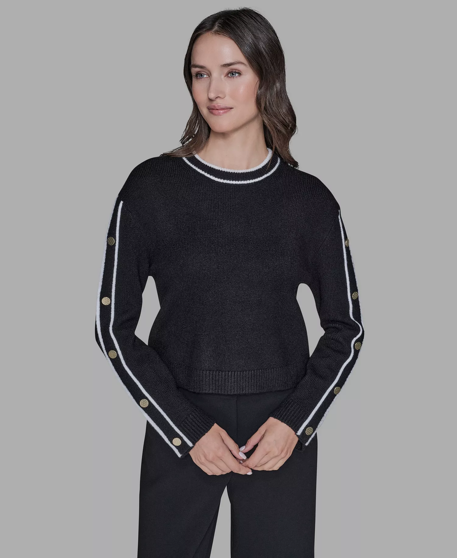 Petite Crewneck Long-Sleeve Sweater - Black - P/L