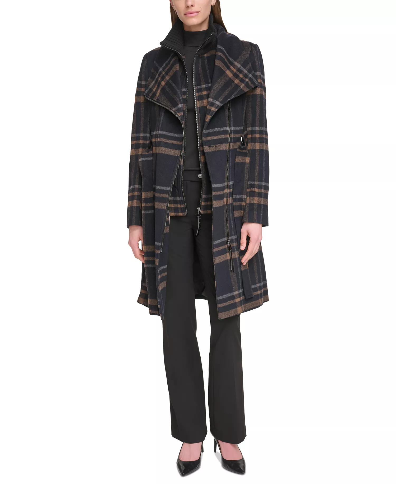 Womens Wool Blend Belted Wrap Coat, Created for Macys - Black Plaid - M