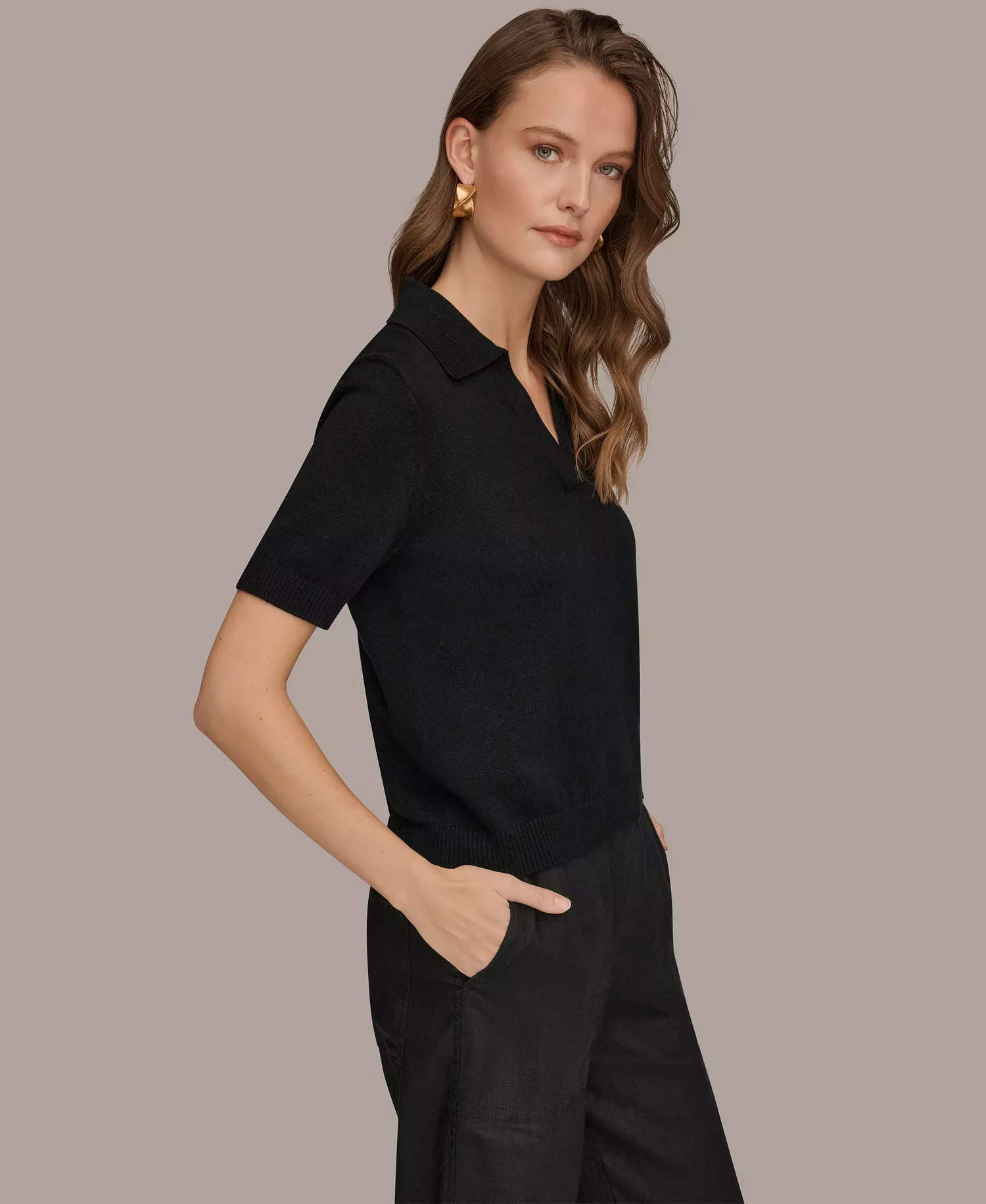 Women's Cotton Cashmere Polo Sweater with Elbow-Sleeve - Black - L