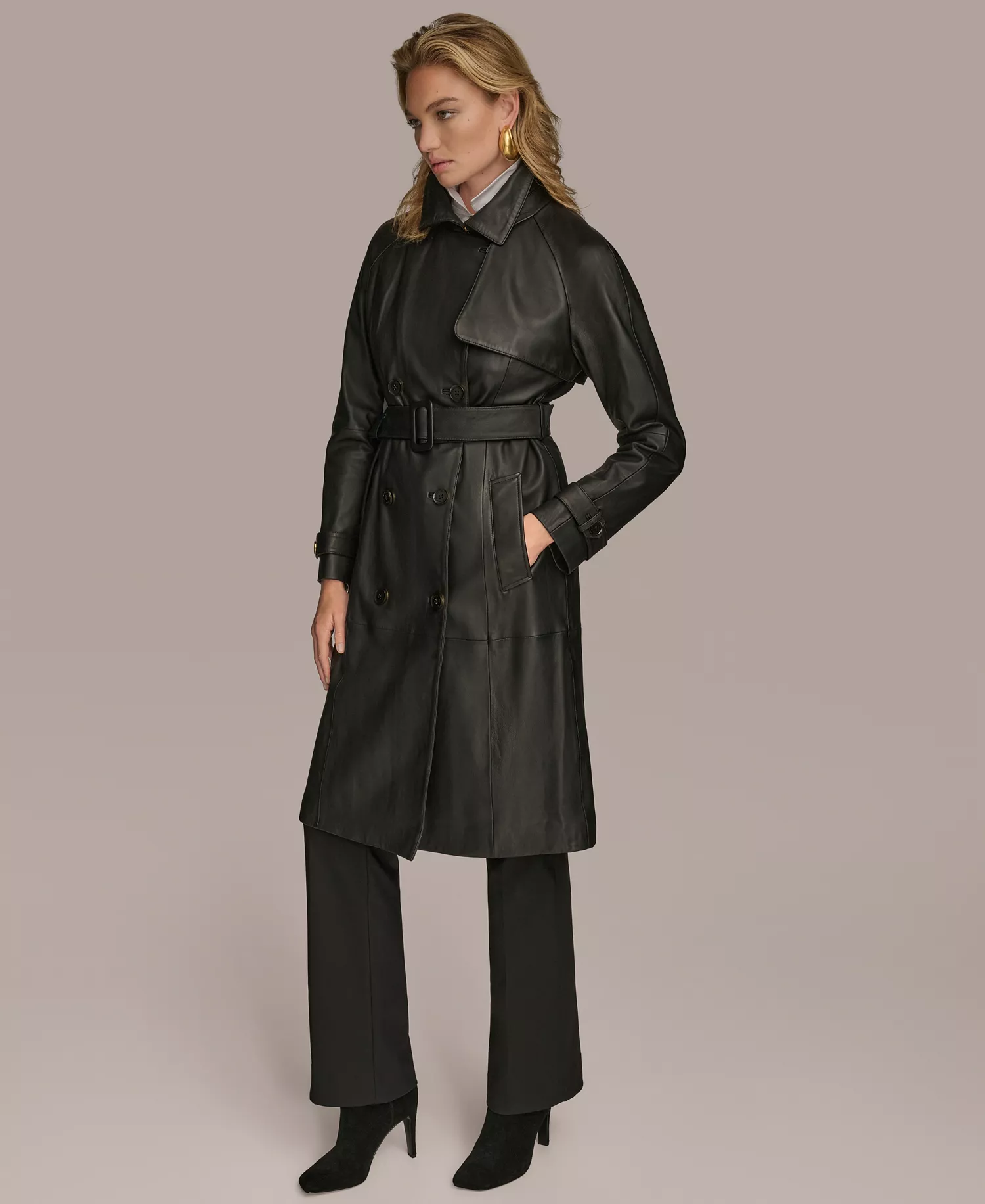Women's Belted Leather Trench Coat - Black - L