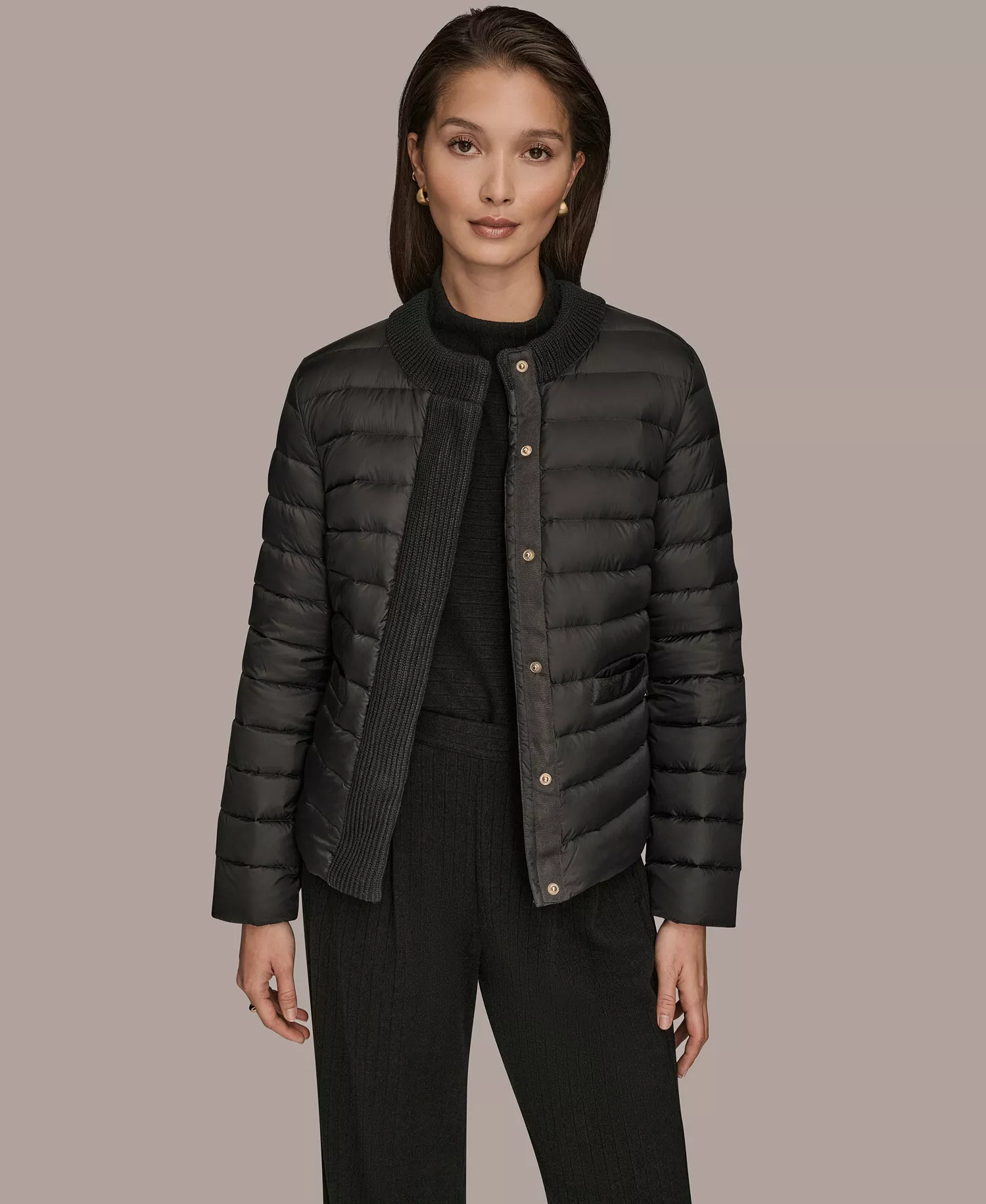 Women's Down Fill Packable Puffer Jacket with Sweater Trim Collar - Black - L