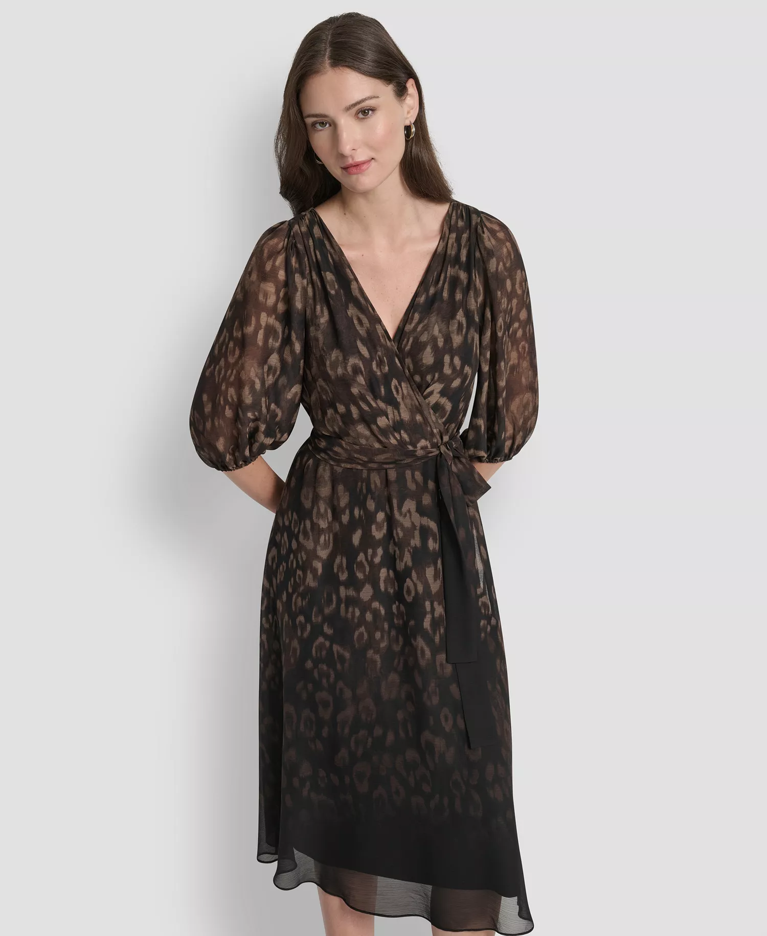 Women's Balloon Sleeve Faux Wrap Midi Dress - Chocolate/Black - 2