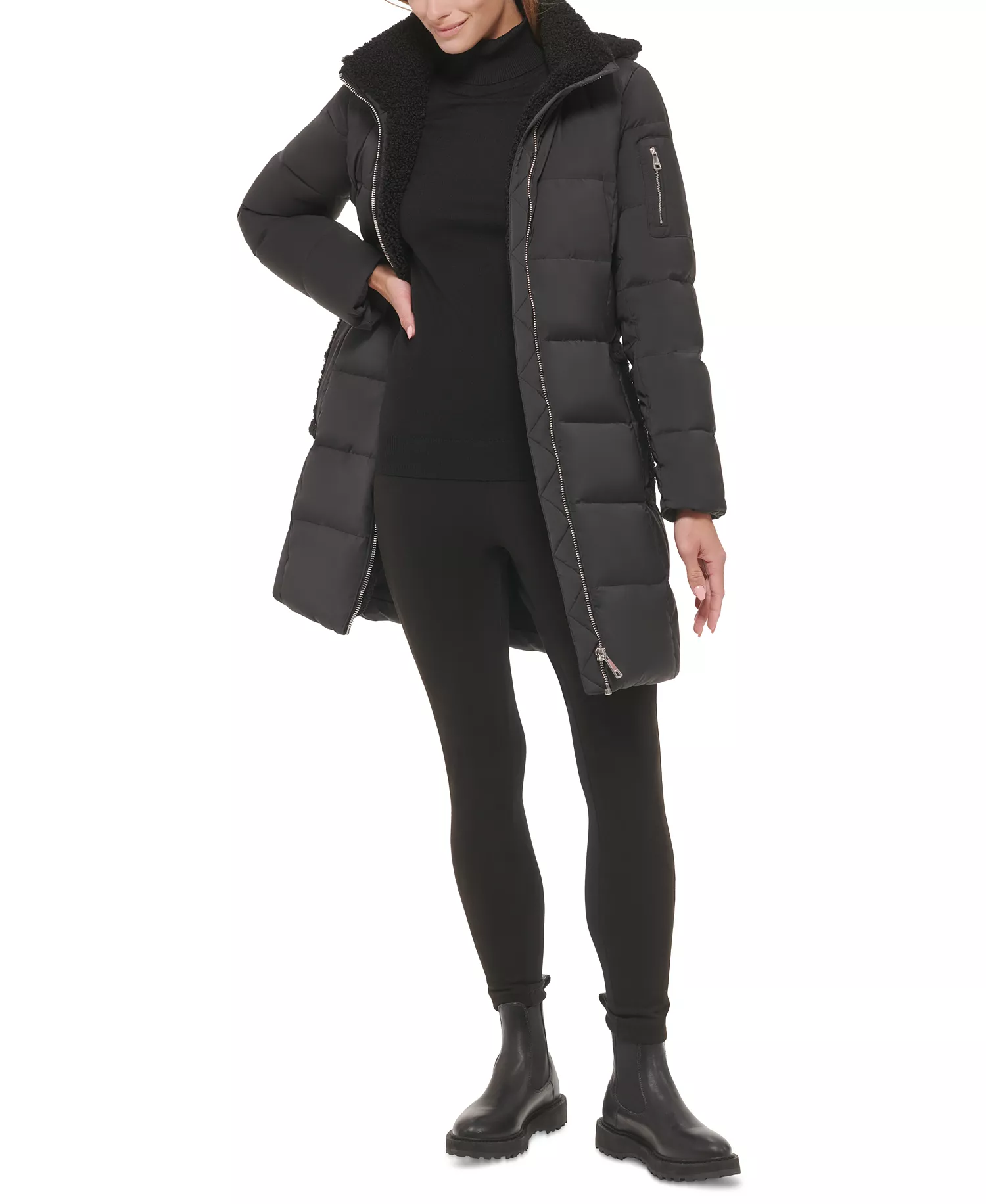 Women's Sherpa-Trimmed Hooded Down Puffer Coat - Black - S