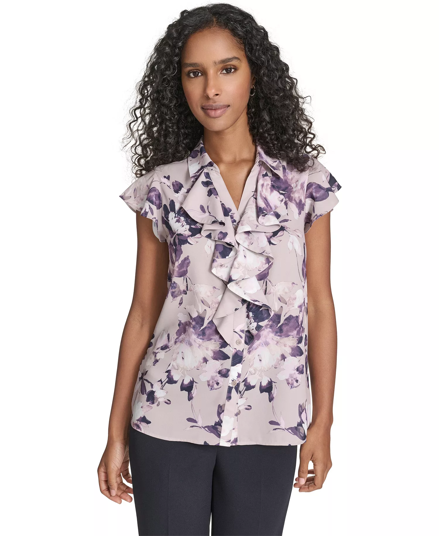 Women's Printed Ruffle Detail Top - Oyster/Iced Velvet Multi - L