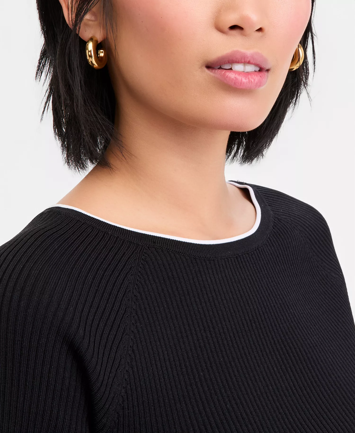 Women's Rib-Knit Short-Sleeve Sweater, Macy's Exclusive - Deep Blk W Whit - L