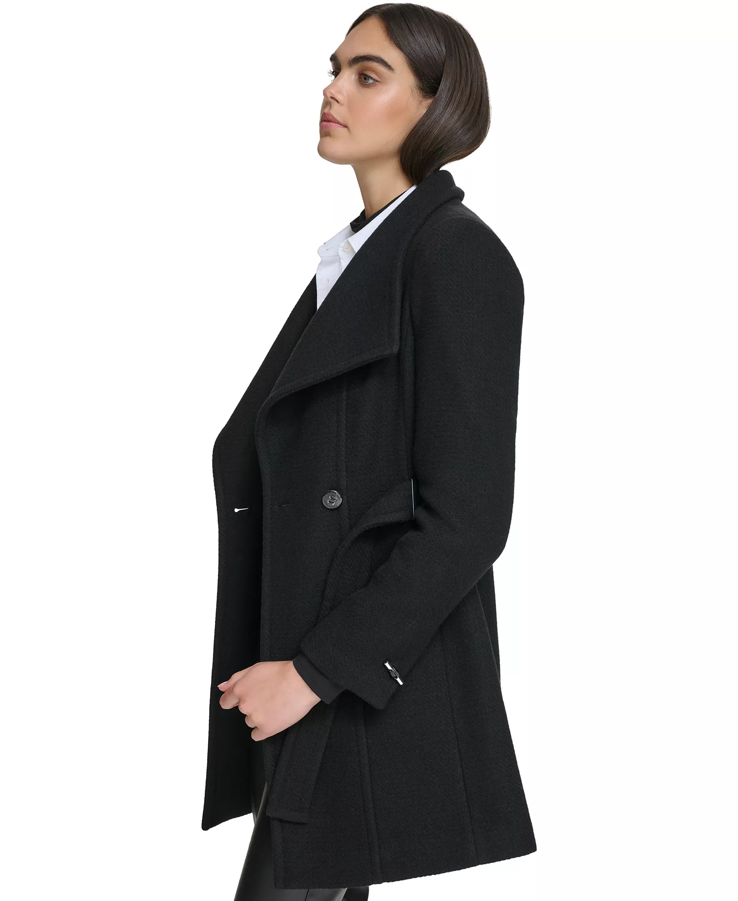 Women's Asymmetrical Belted Wrap Coat - Black Twill - L