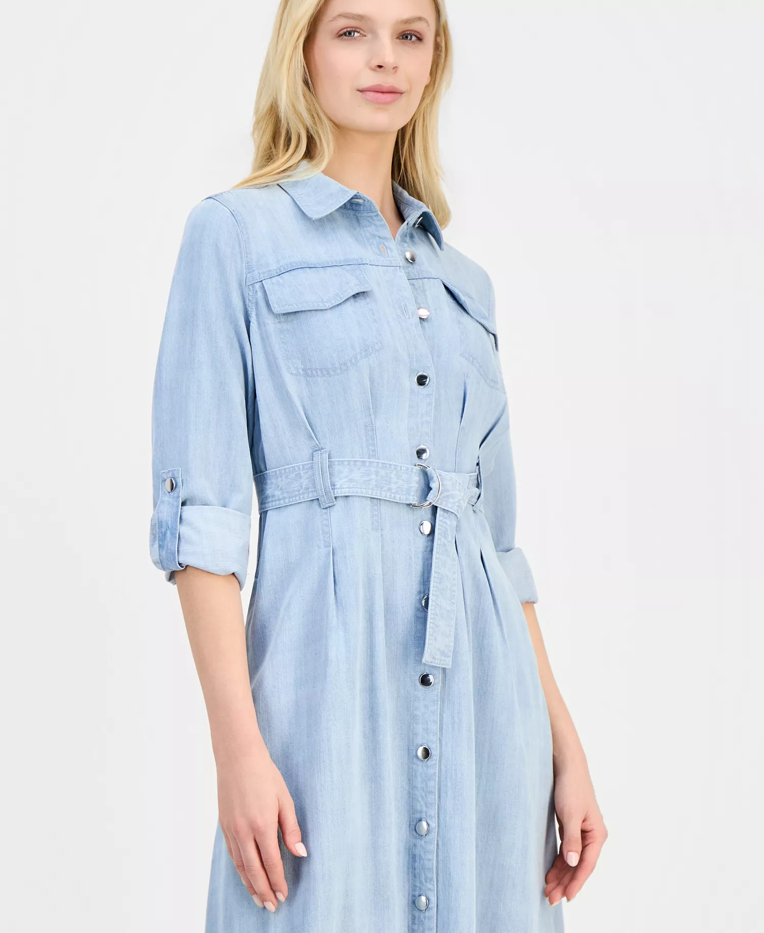 Women's Roll-Sleeve Denim Midi Shirtdress - Light Wash - 10