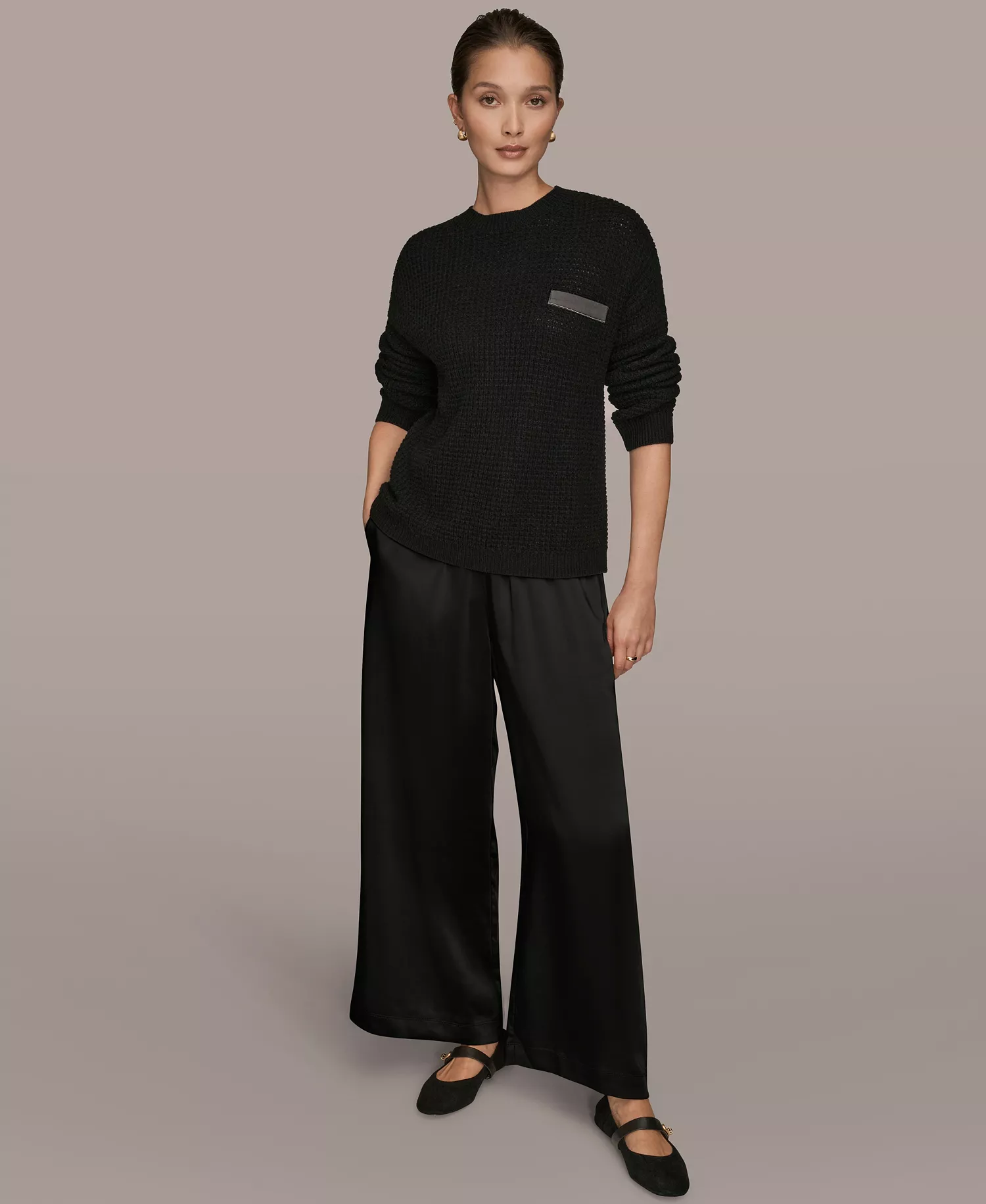 Women's Long-Sleeve Wool Cashmere Blend Waffle Stitch Sweater with Chest Pocket - Black/Silver - L