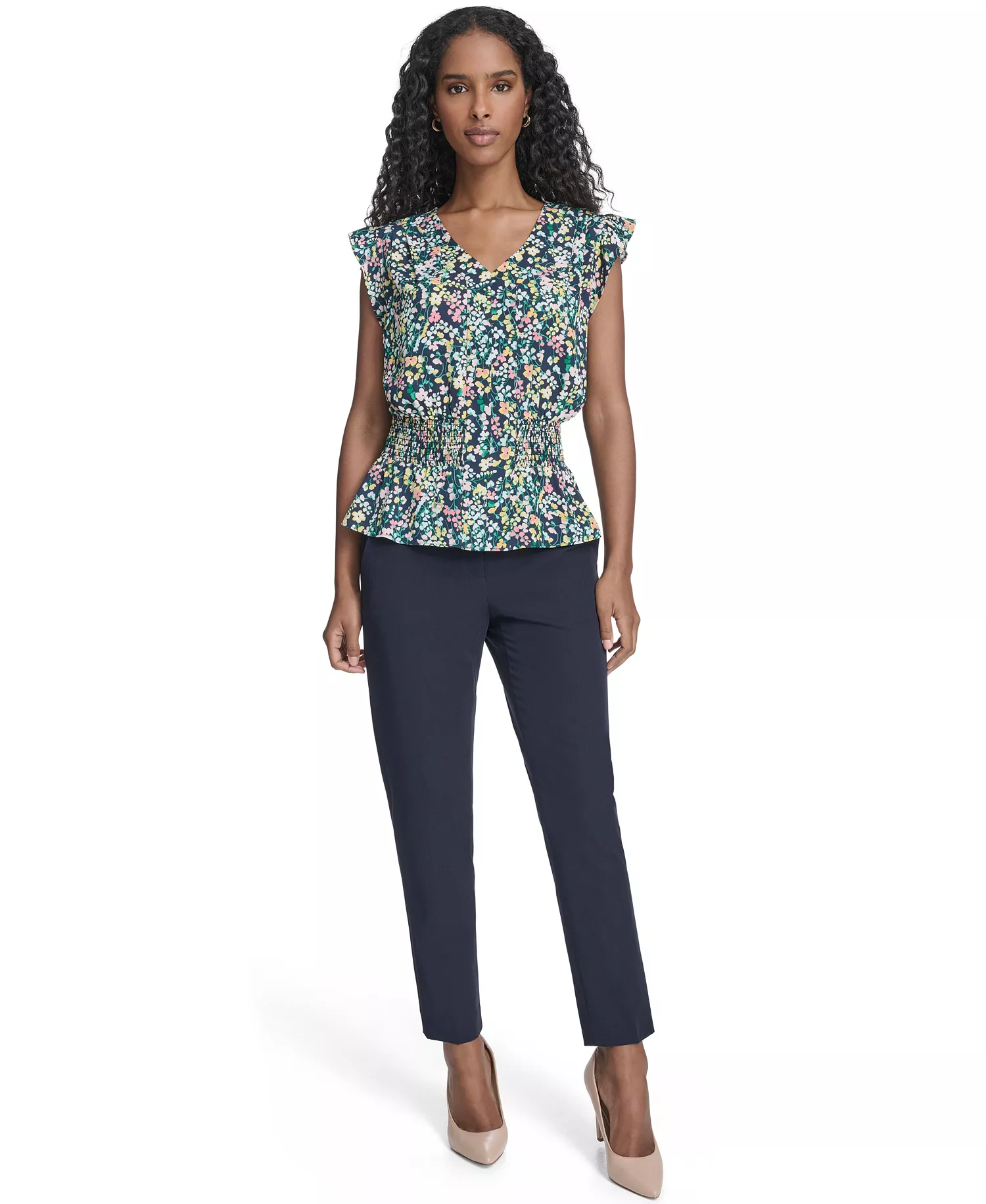 Women's Floral Smocked Peplum Top - Mdingiht Multi - L