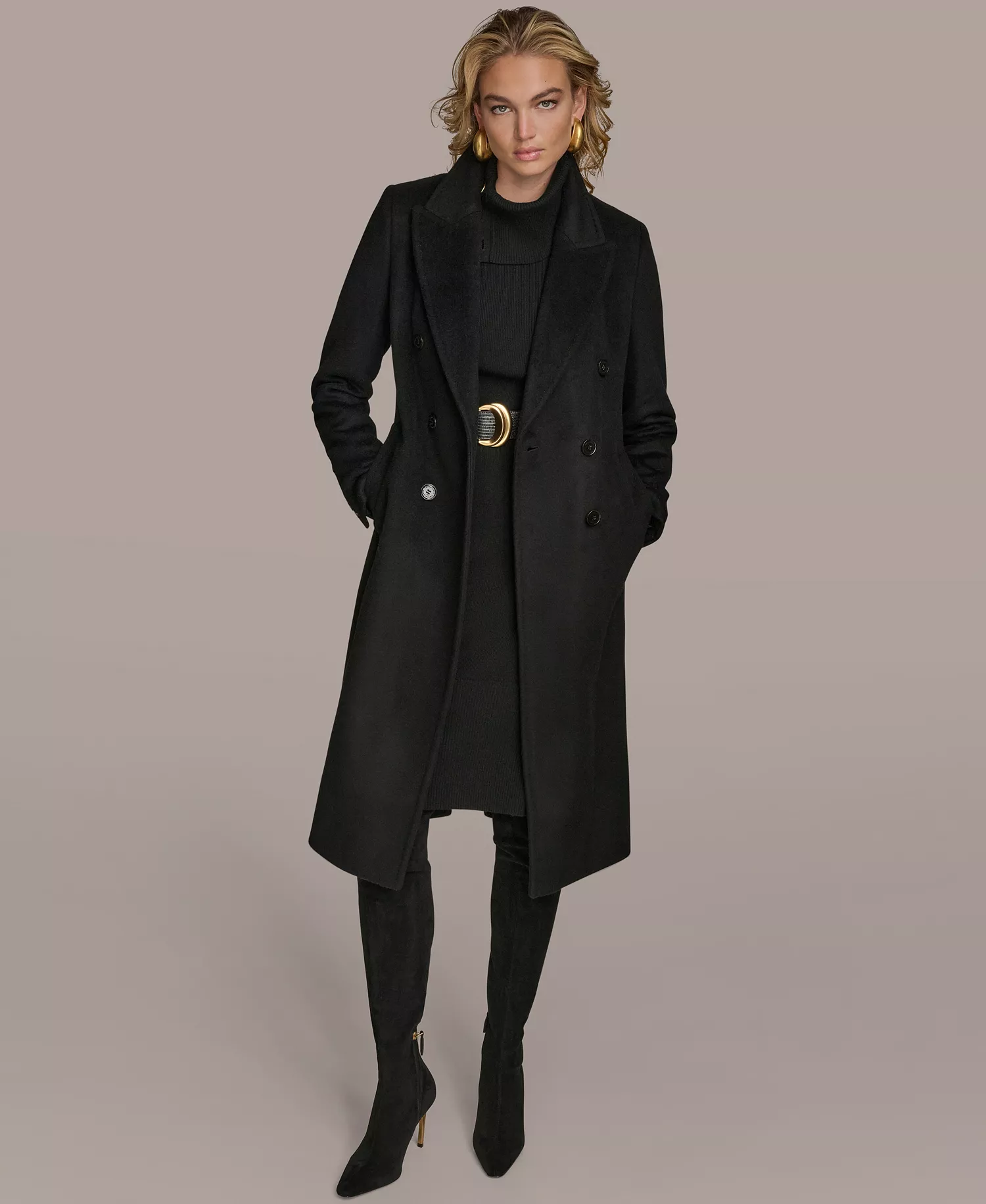 Women's Double-Breasted Reefer Coat - Black - L